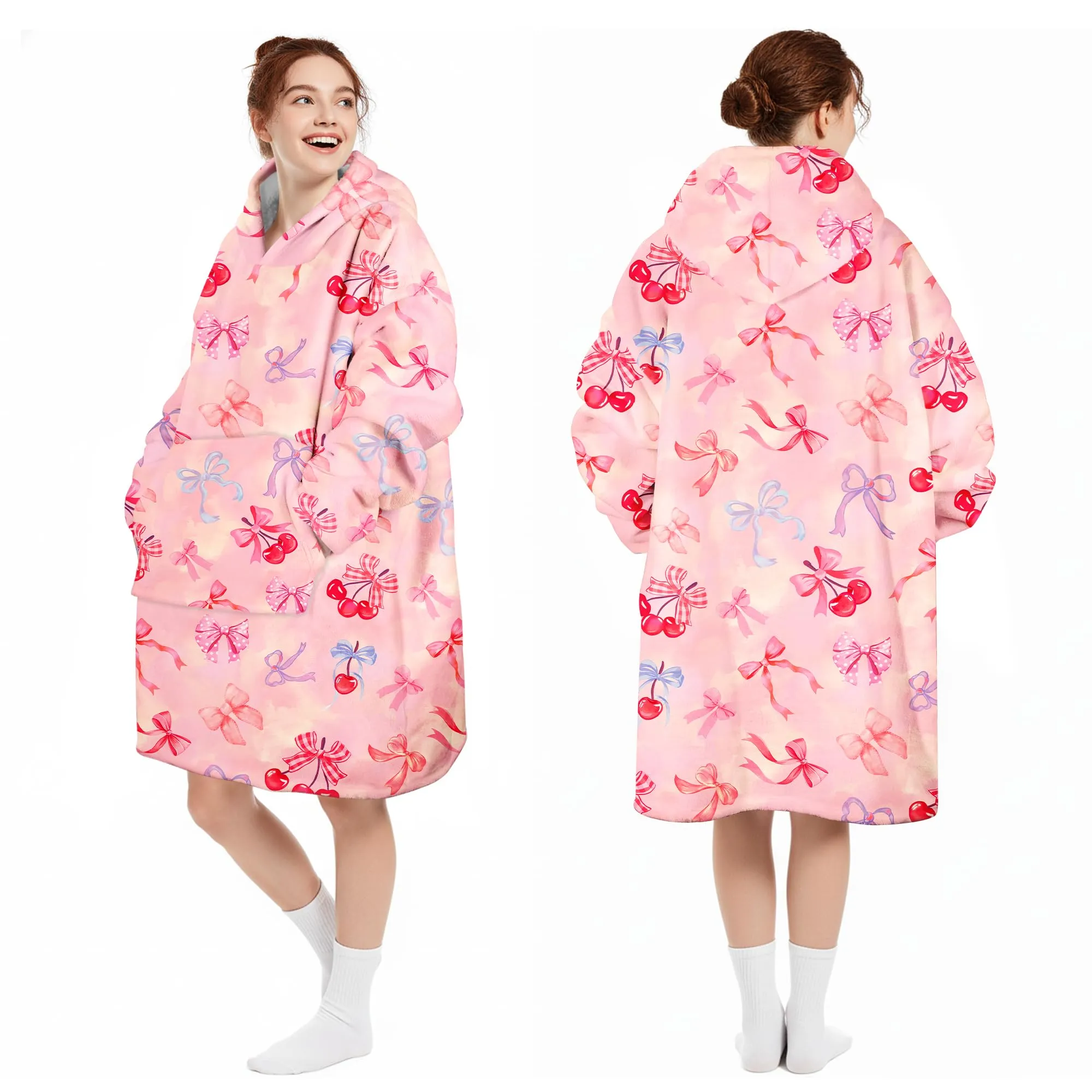 Queenshin Felpa Coperta con Cappuccio e Maniche Donna Oversize con Stampa Ciliegie e Fiocchi, Taglia Unica - immagine 5