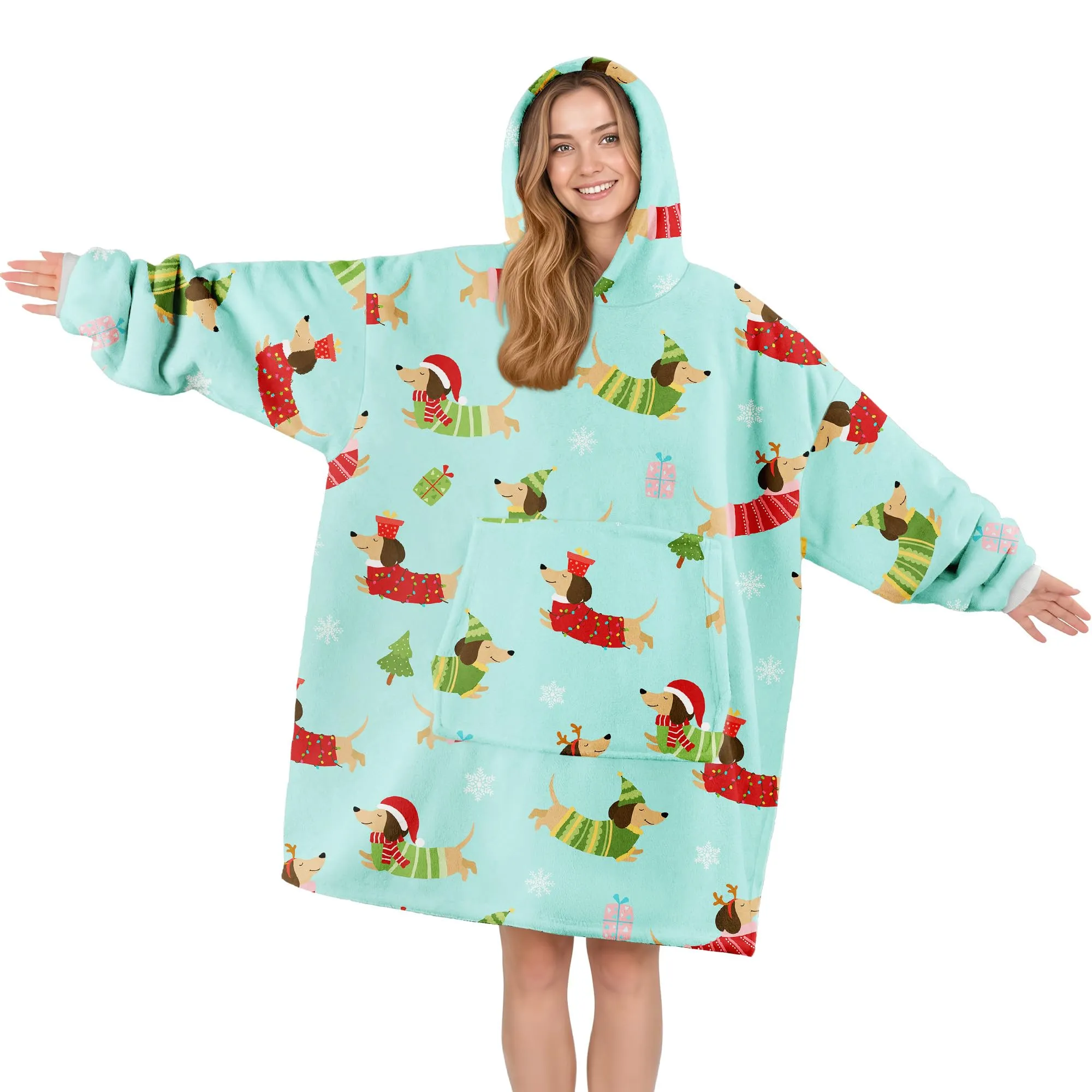 Queenshin Felpa Coperta con Cappuccio e Maniche Oversize Bassotto di Natale - immagine 1