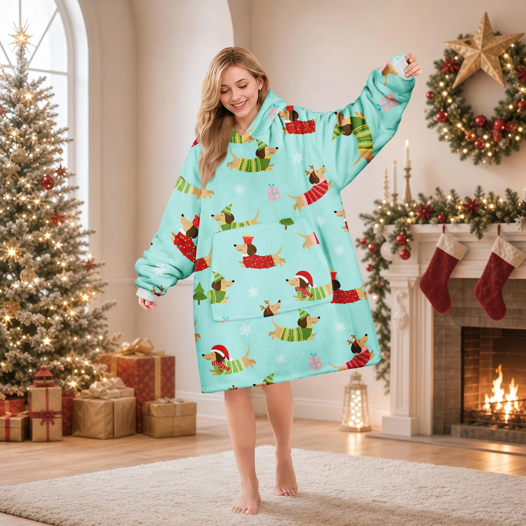 Queenshin Felpa Coperta con Cappuccio e Maniche Oversize Bassotto di Natale - immagine 2