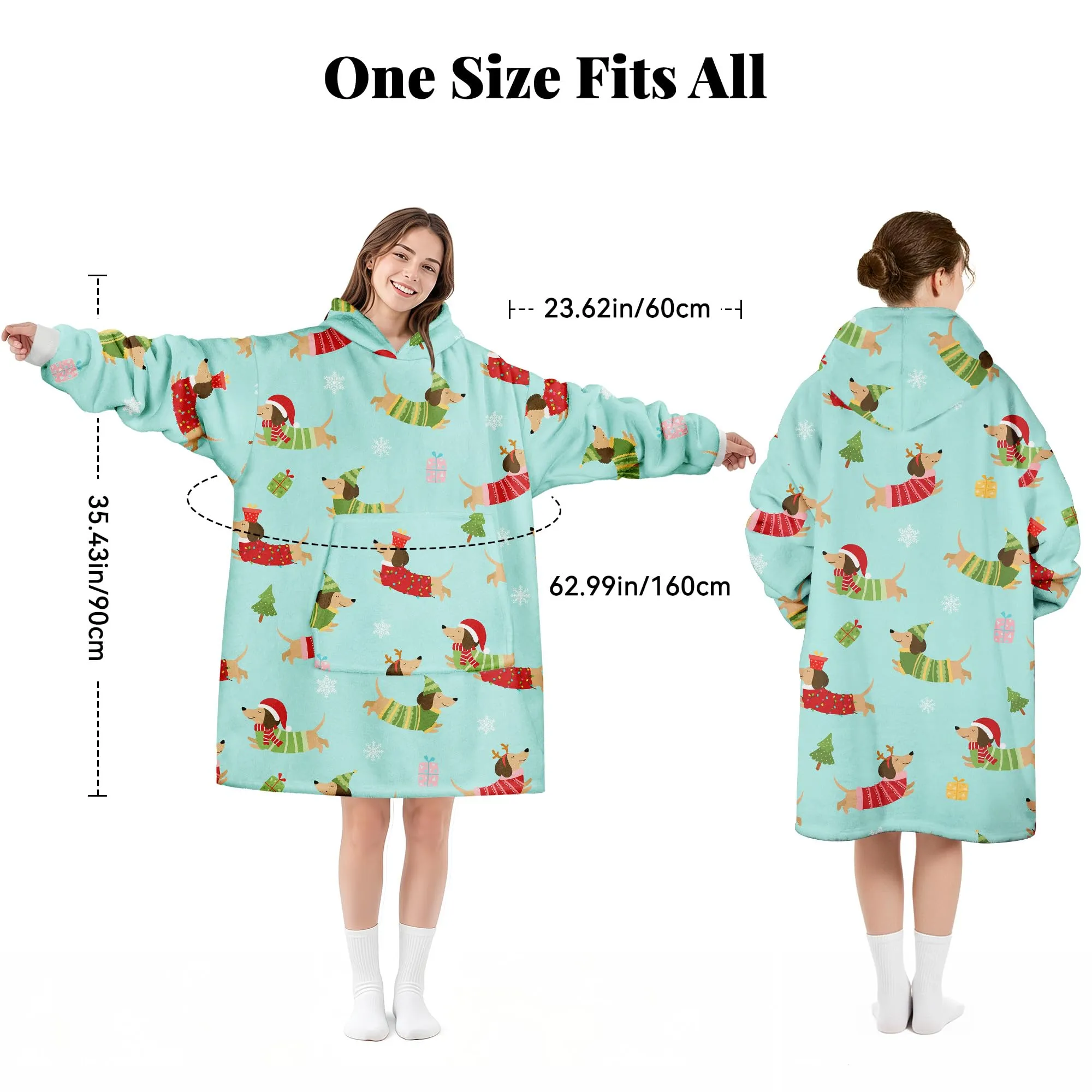 Queenshin Felpa Coperta con Cappuccio e Maniche Oversize Bassotto di Natale - immagine 4