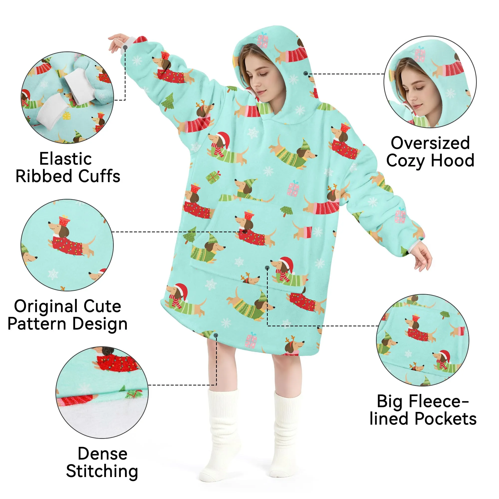 Queenshin Felpa Coperta con Cappuccio e Maniche Oversize Bassotto di Natale - immagine 5