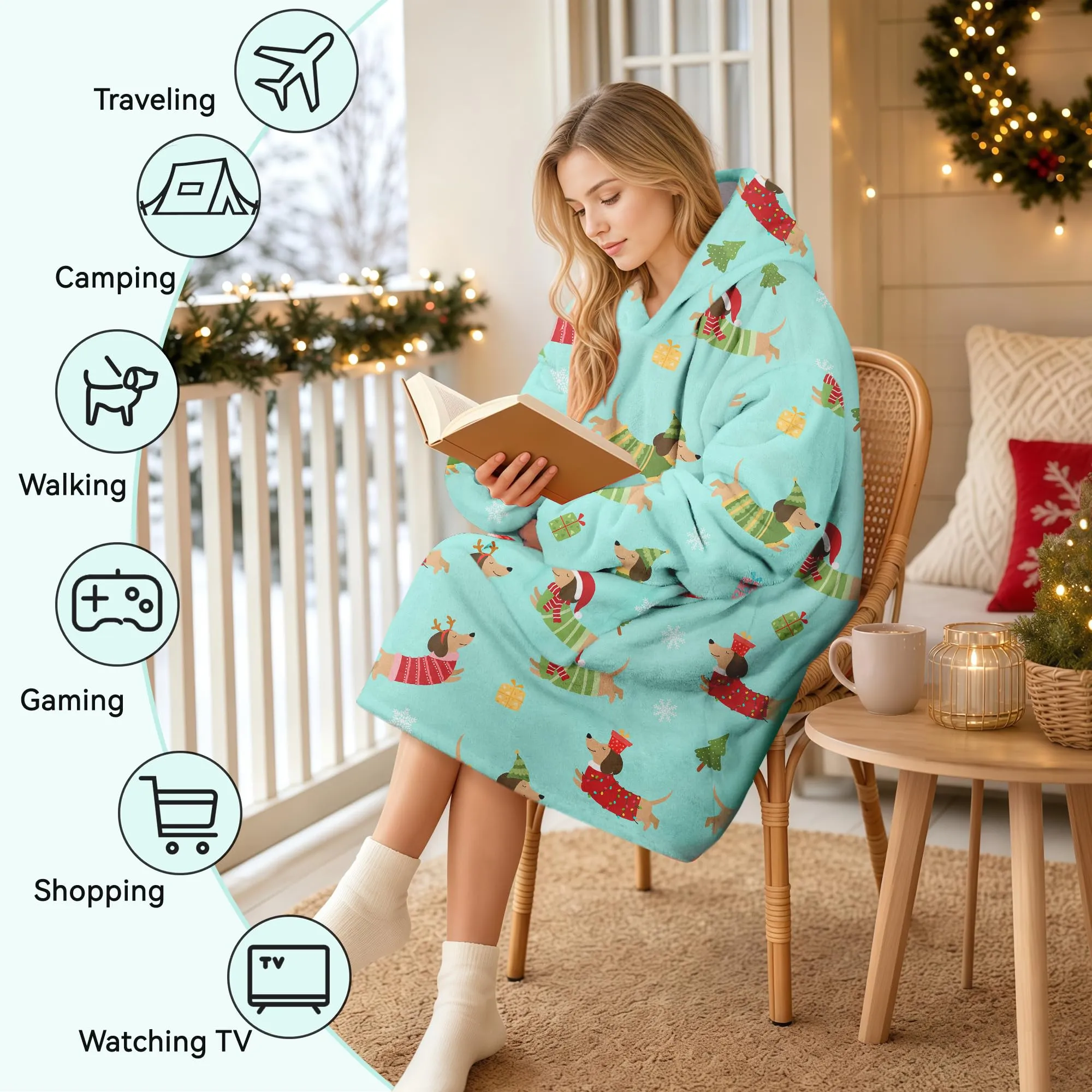 Queenshin Felpa Coperta con Cappuccio e Maniche Oversize Bassotto di Natale - immagine 6