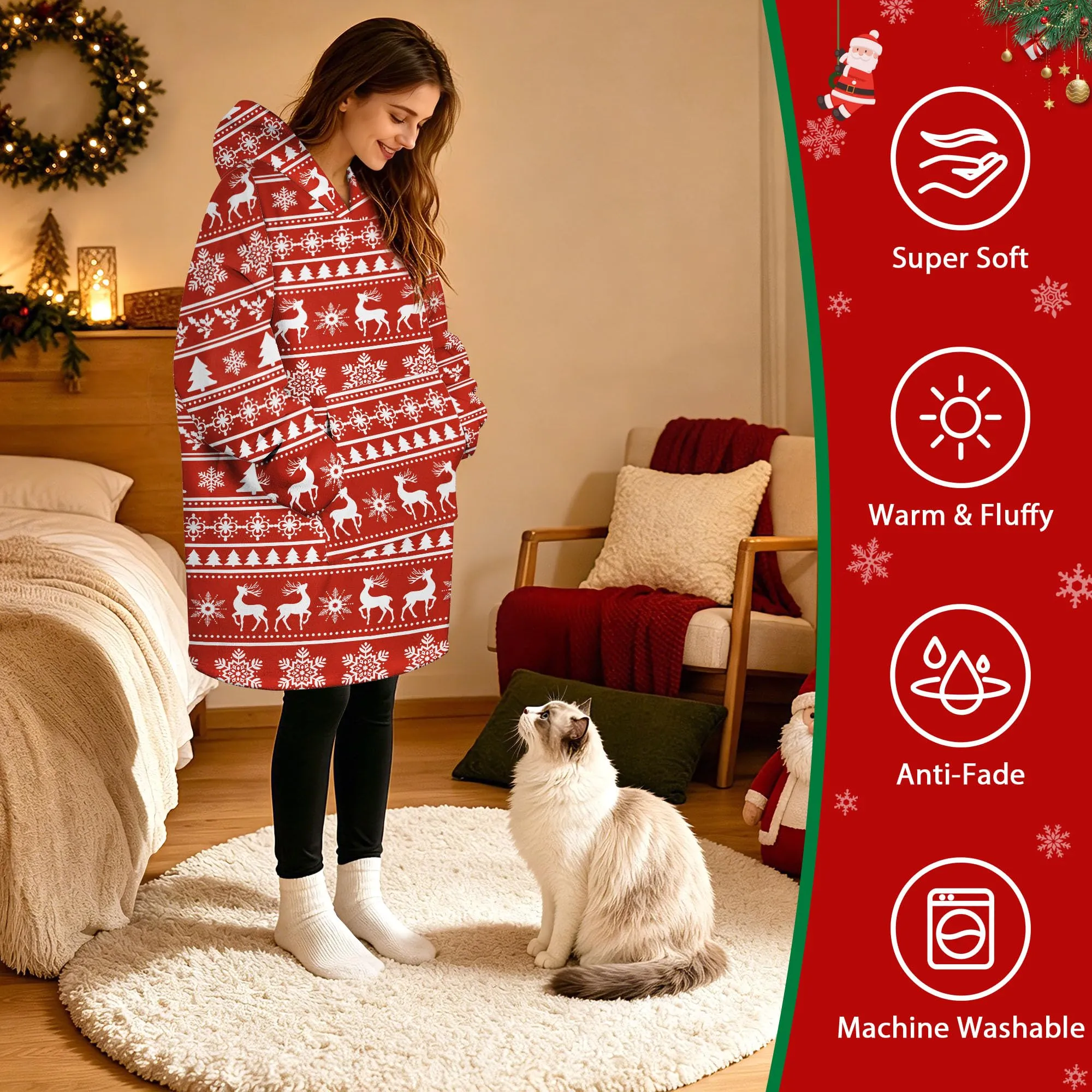 Queenshin Felpa Coperta con Cappuccio Oversize Renna Natale Unisex Taglia unica - immagine 2
