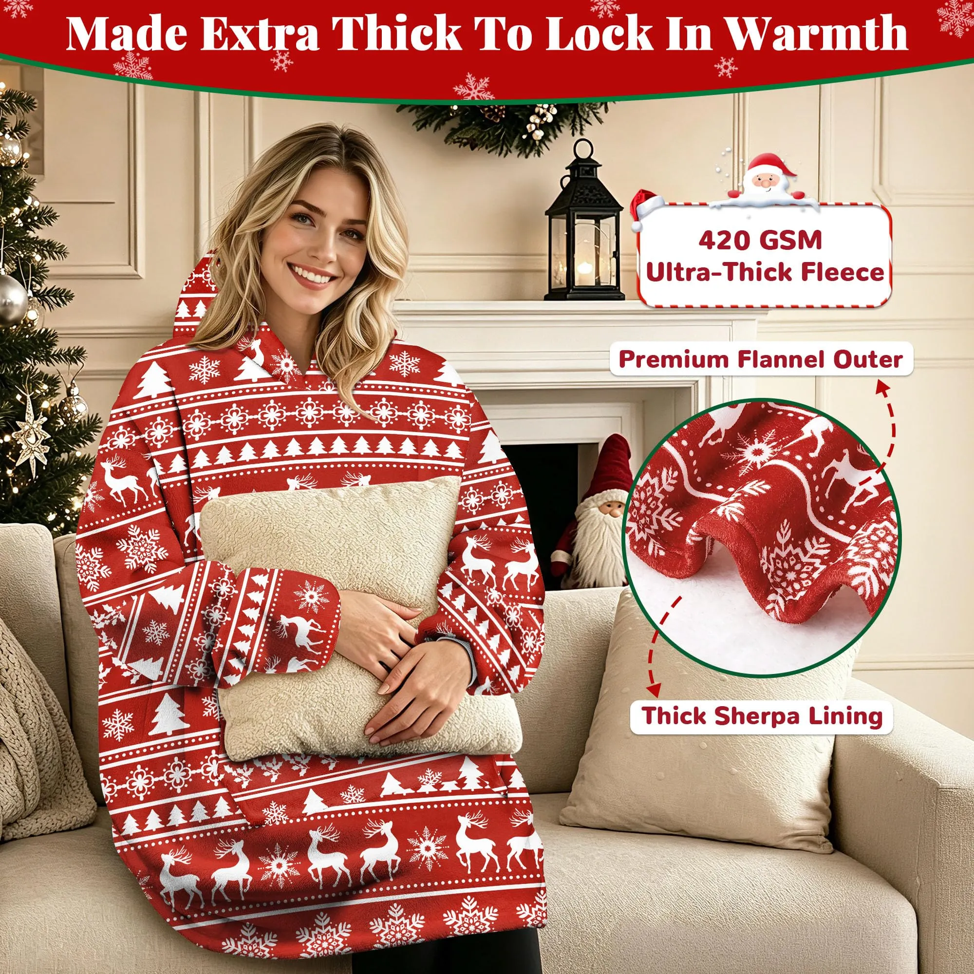 Queenshin Felpa Coperta con Cappuccio Oversize Renna Natale Unisex Taglia unica - immagine 3