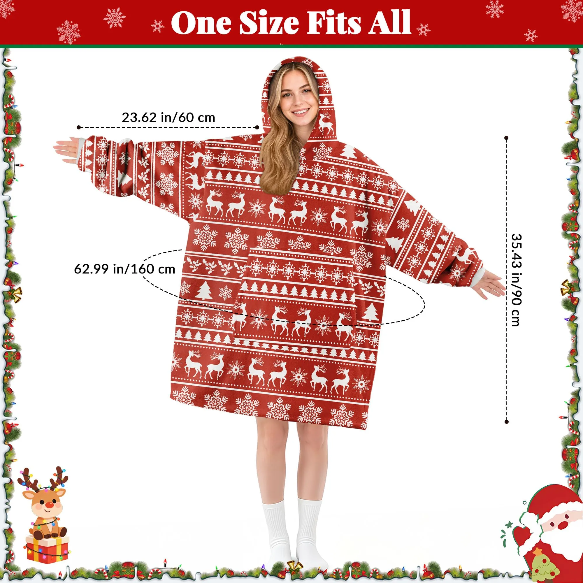 Queenshin Felpa Coperta con Cappuccio Oversize Renna Natale Unisex Taglia unica - immagine 4