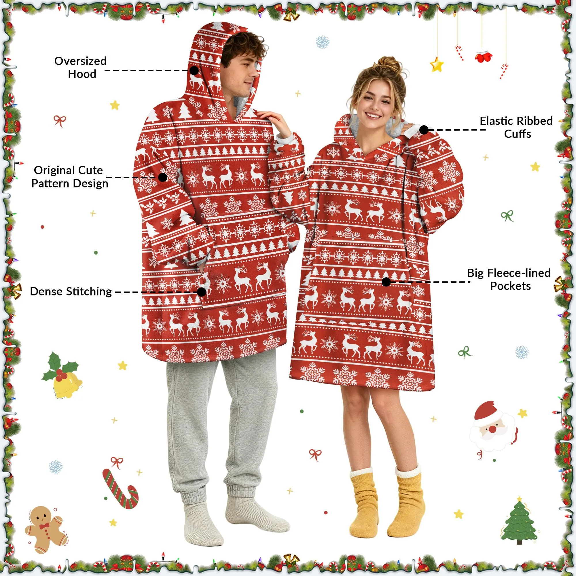 Queenshin Felpa Coperta con Cappuccio Oversize Renna Natale Unisex Taglia unica - immagine 5