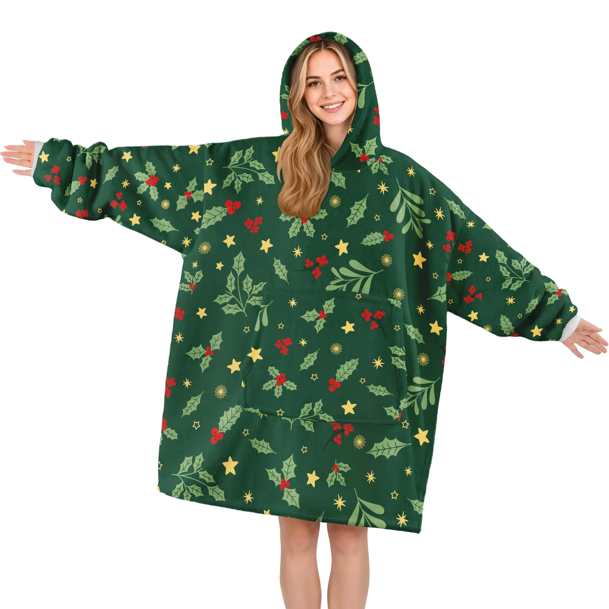 Queenshin Felpa Coperta con Cappuccio Oversize Natale - Foglie di Agrifoglio - Taglia Unica - immagine 1