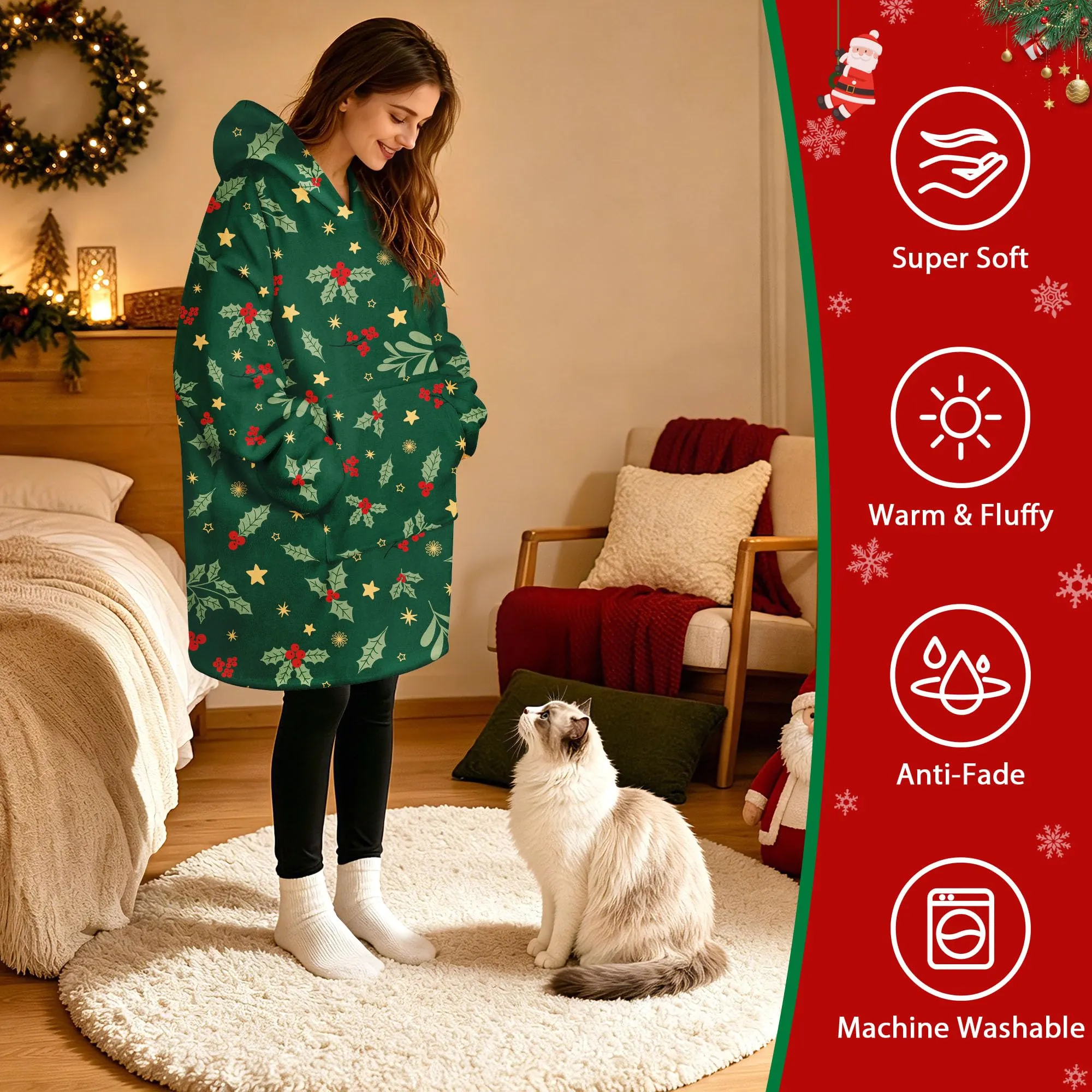 Queenshin Felpa Coperta con Cappuccio Oversize Natale - Foglie di Agrifoglio - Taglia Unica - immagine 2