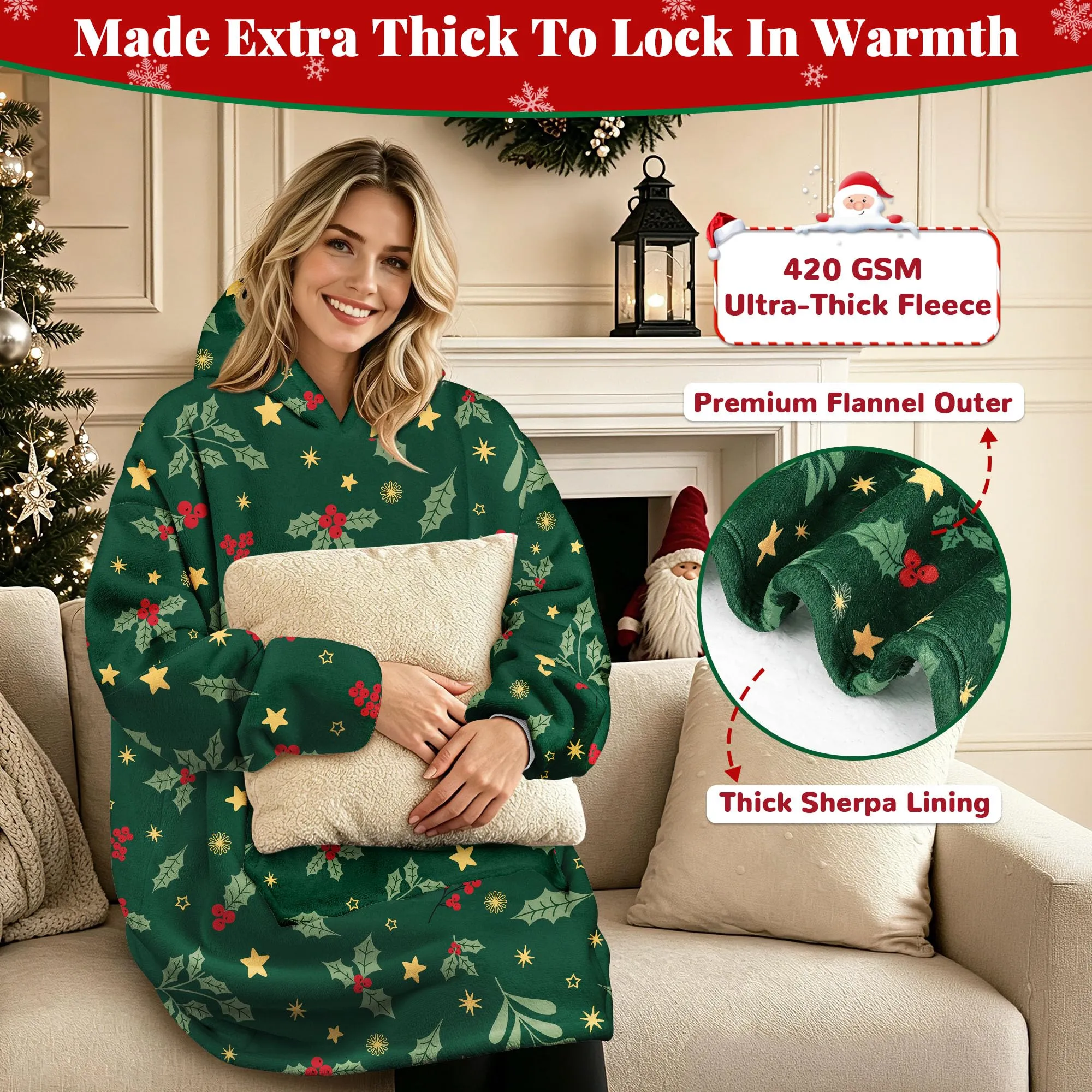 Queenshin Felpa Coperta con Cappuccio Oversize Natale - Foglie di Agrifoglio - Taglia Unica - immagine 3