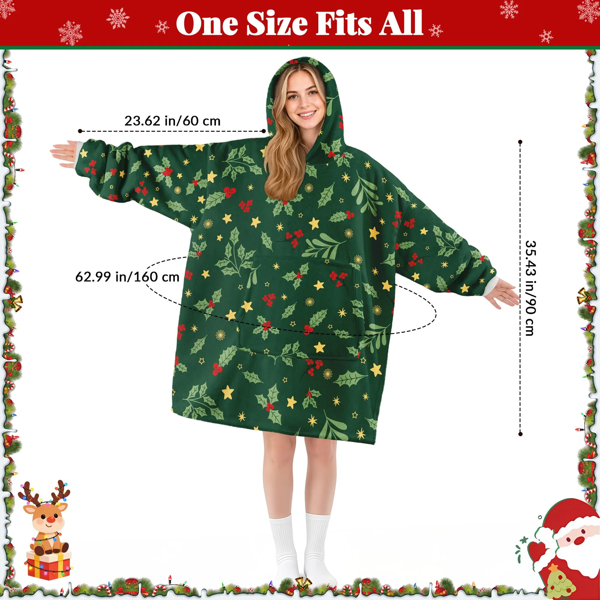 Queenshin Felpa Coperta con Cappuccio Oversize Natale - Foglie di Agrifoglio - Taglia Unica - immagine 4