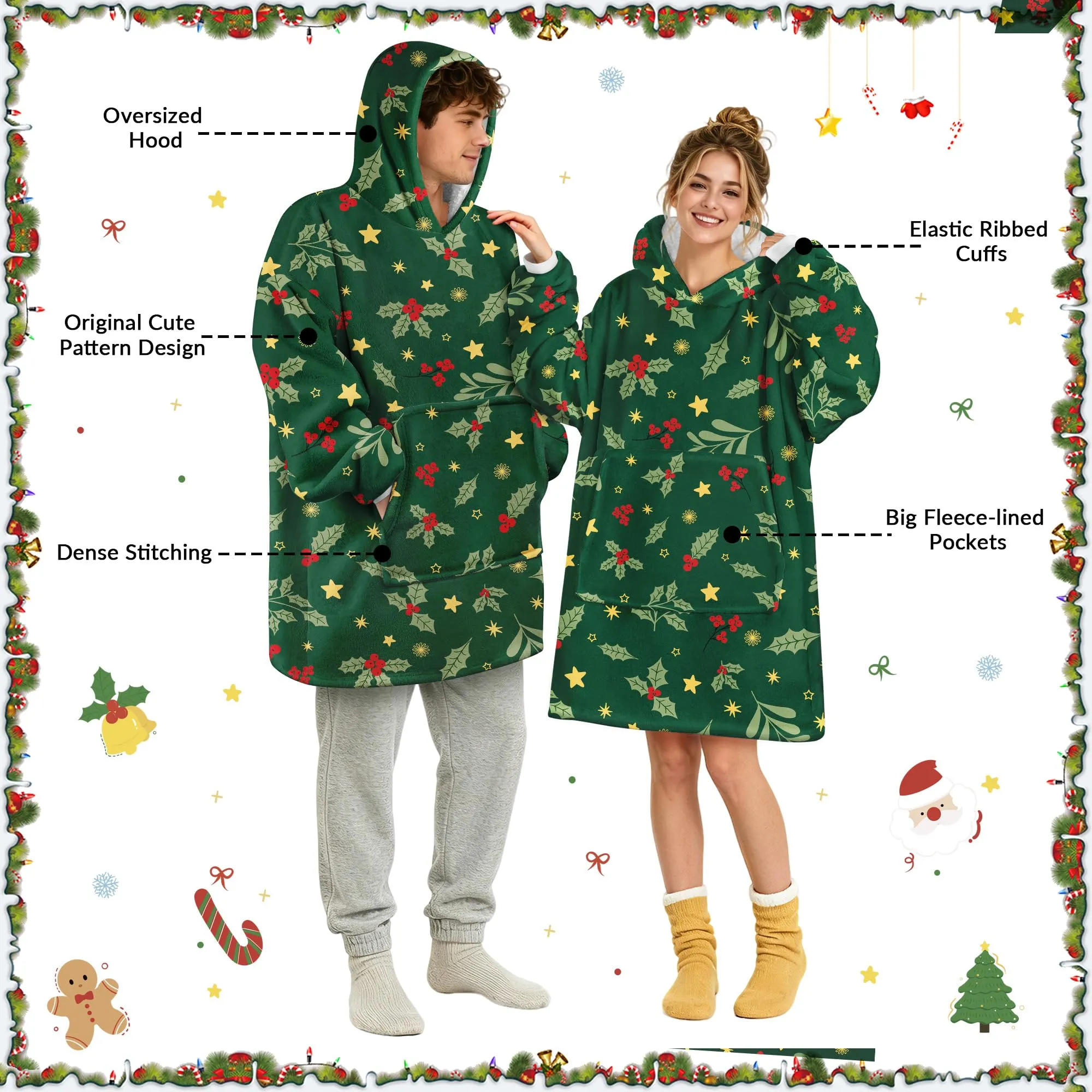 Queenshin Felpa Coperta con Cappuccio Oversize Natale - Foglie di Agrifoglio - Taglia Unica - immagine 5