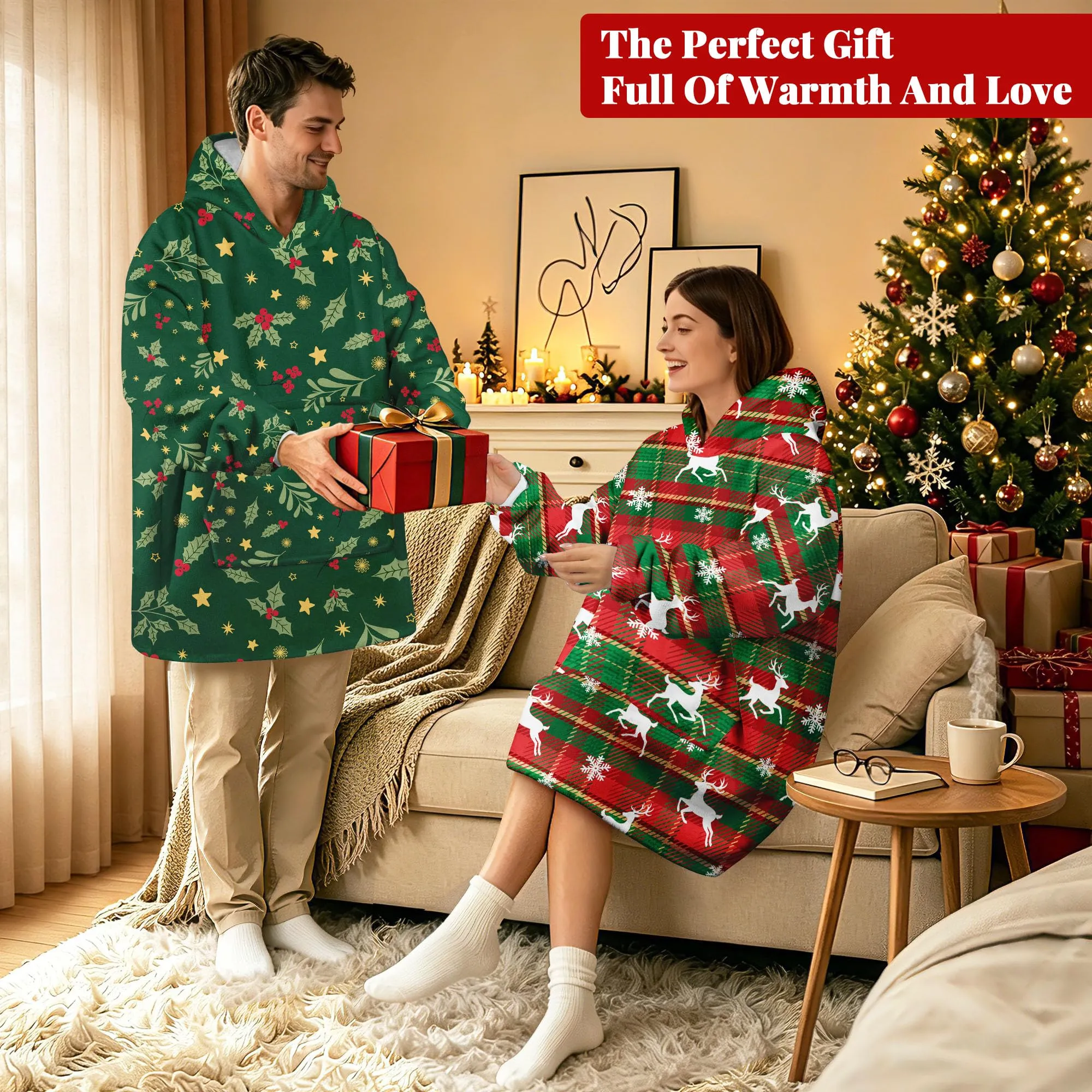 Queenshin Felpa Coperta con Cappuccio Oversize Natale - Foglie di Agrifoglio - Taglia Unica - immagine 6