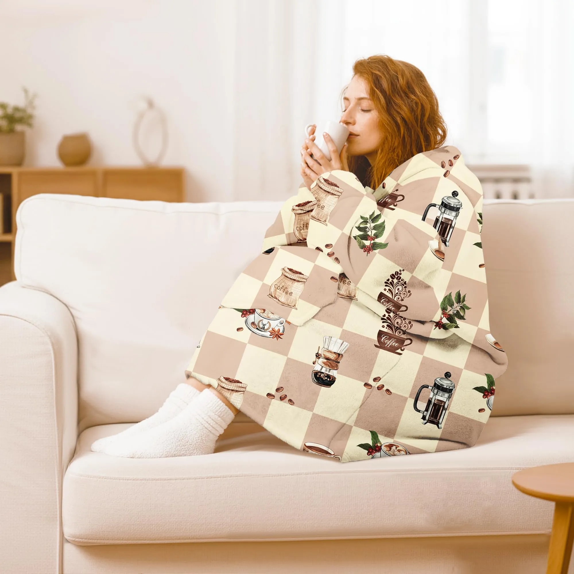 Queenshin Felpa Coperta con Cappuccio e Maniche Oversize Tema Caffè Taglia Unica - immagine 2
