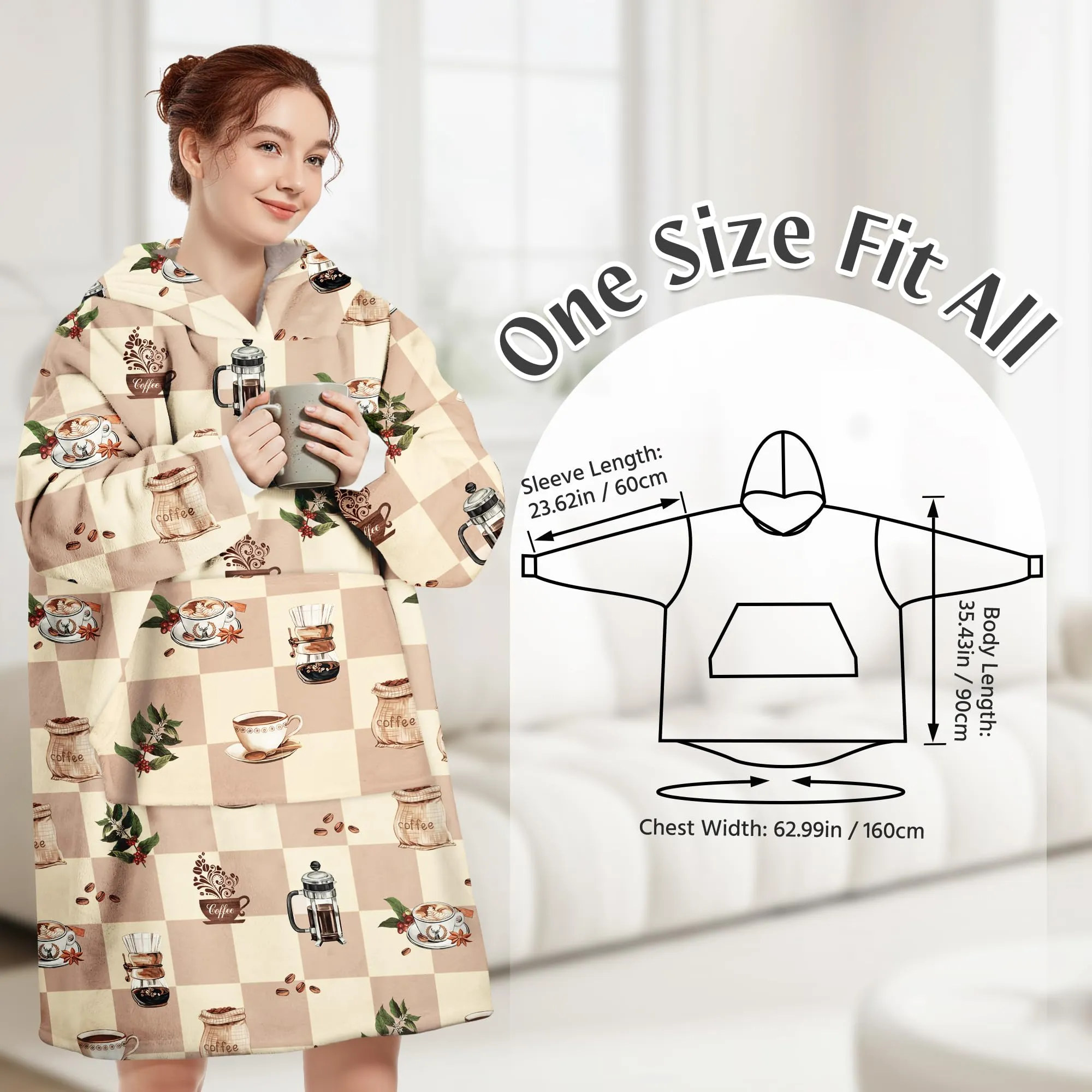 Queenshin Felpa Coperta con Cappuccio e Maniche Oversize Tema Caffè Taglia Unica - immagine 3