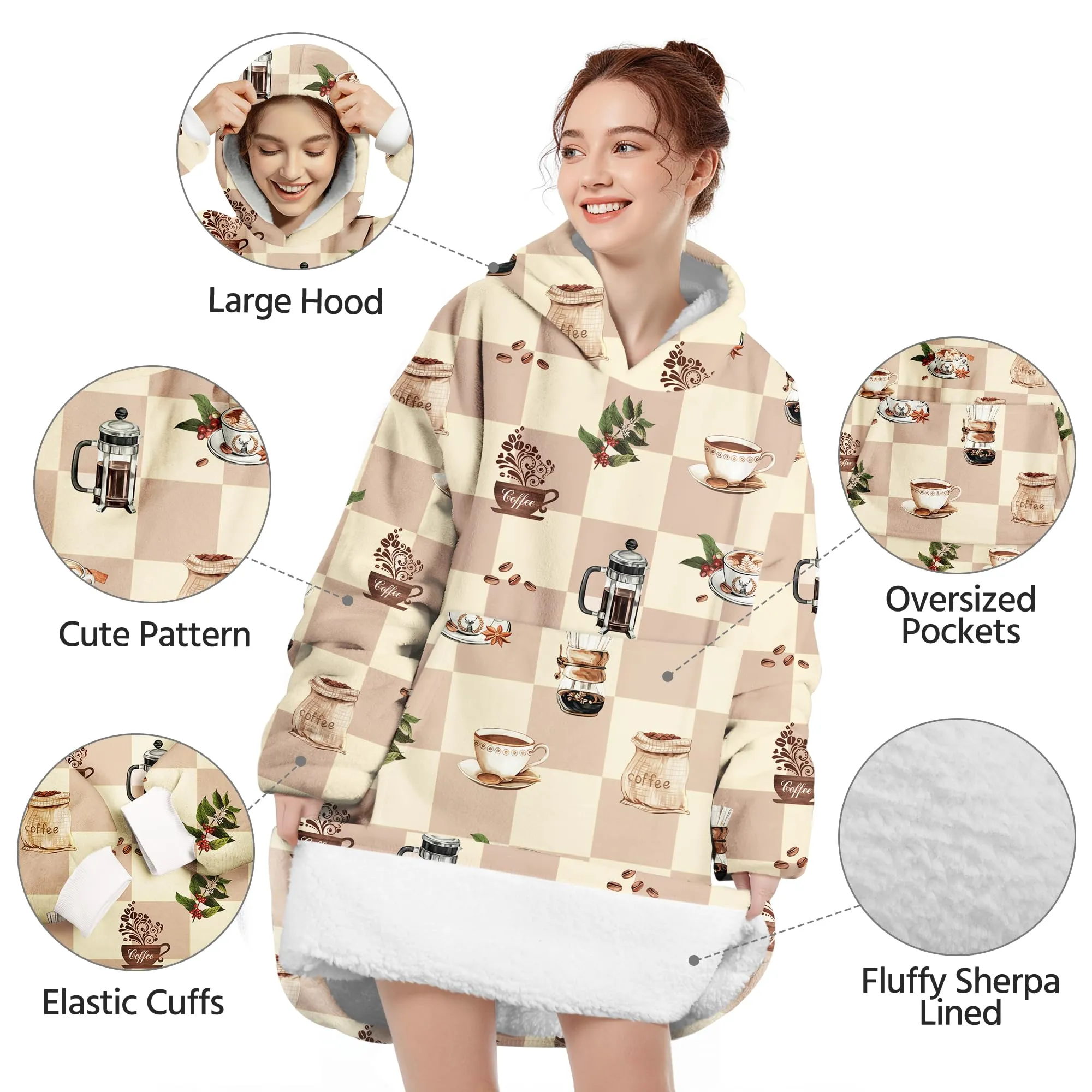Queenshin Felpa Coperta con Cappuccio e Maniche Oversize Tema Caffè Taglia Unica - immagine 4