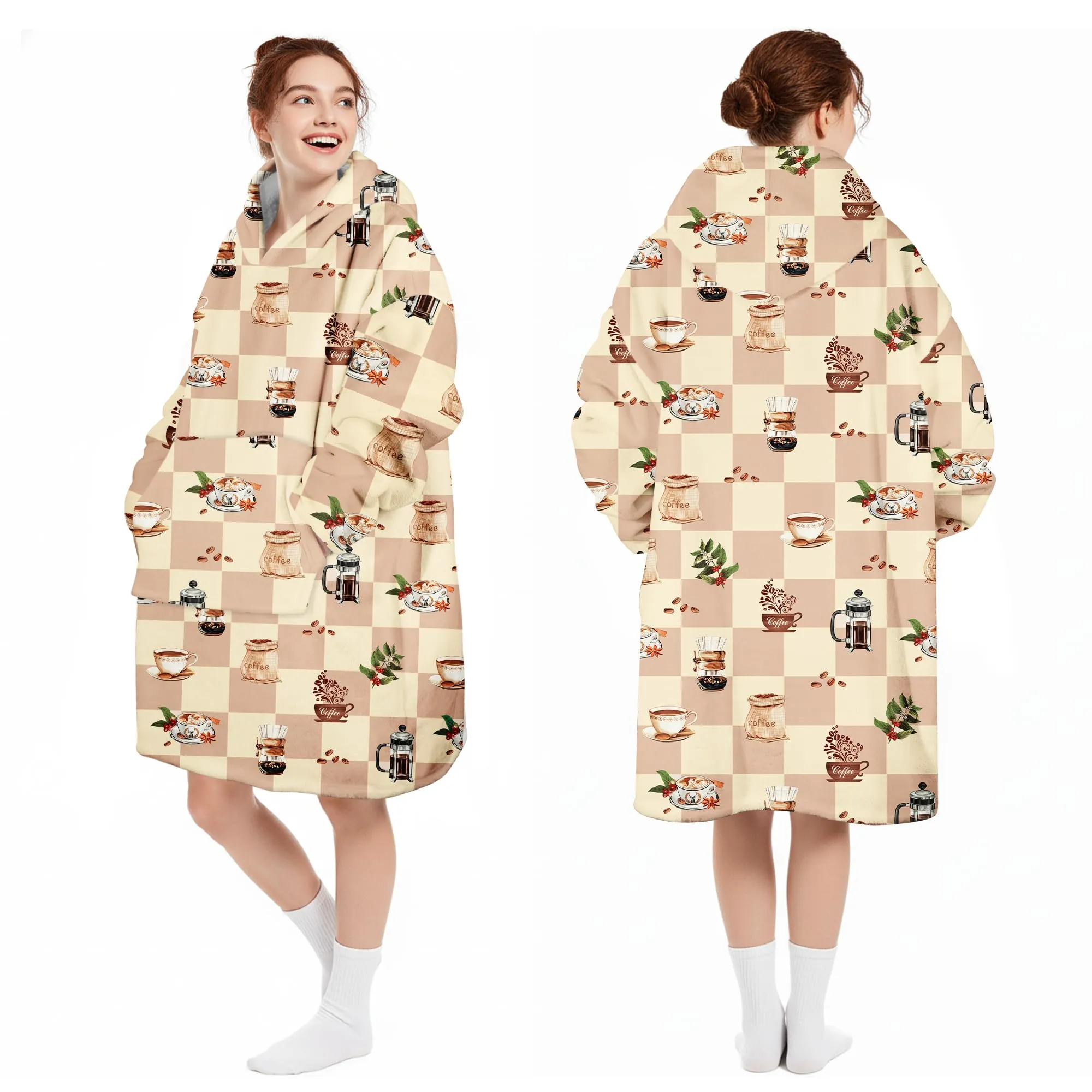 Queenshin Felpa Coperta con Cappuccio e Maniche Oversize Tema Caffè Taglia Unica - immagine 5