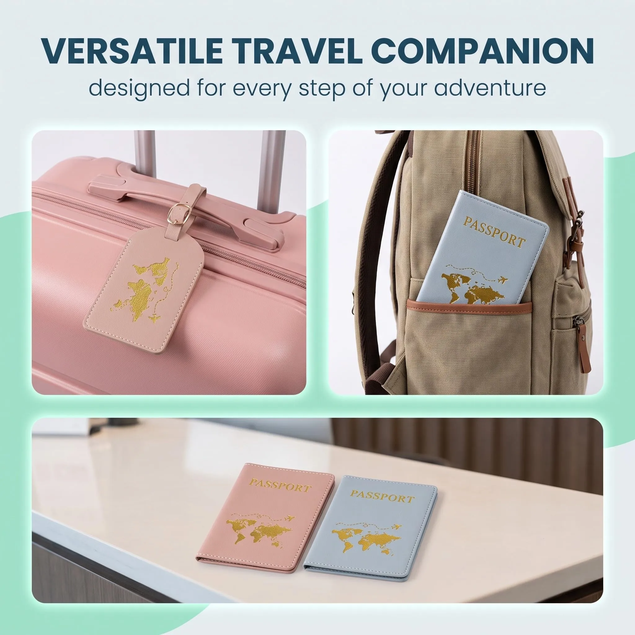 OIXEYA Set 4 Pezzi Porta Passaporto con Protezione RFID e 2 Etichette Valigia, Rosa e Azzurro - immagine 4