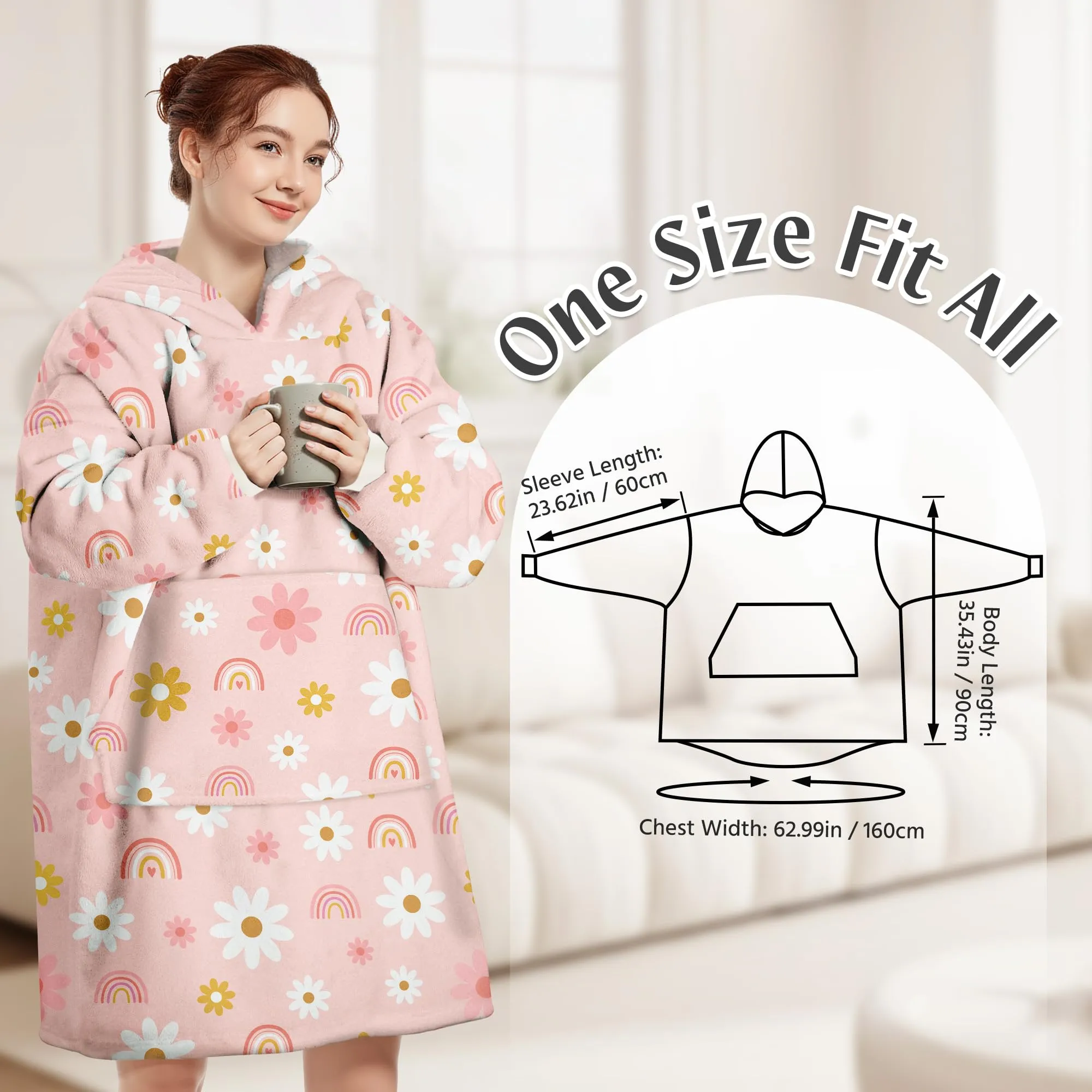 Queenshin Felpa Coperta con Cappuccio e Maniche Donna Rosa Fiore Oversize Hoodie - immagine 3