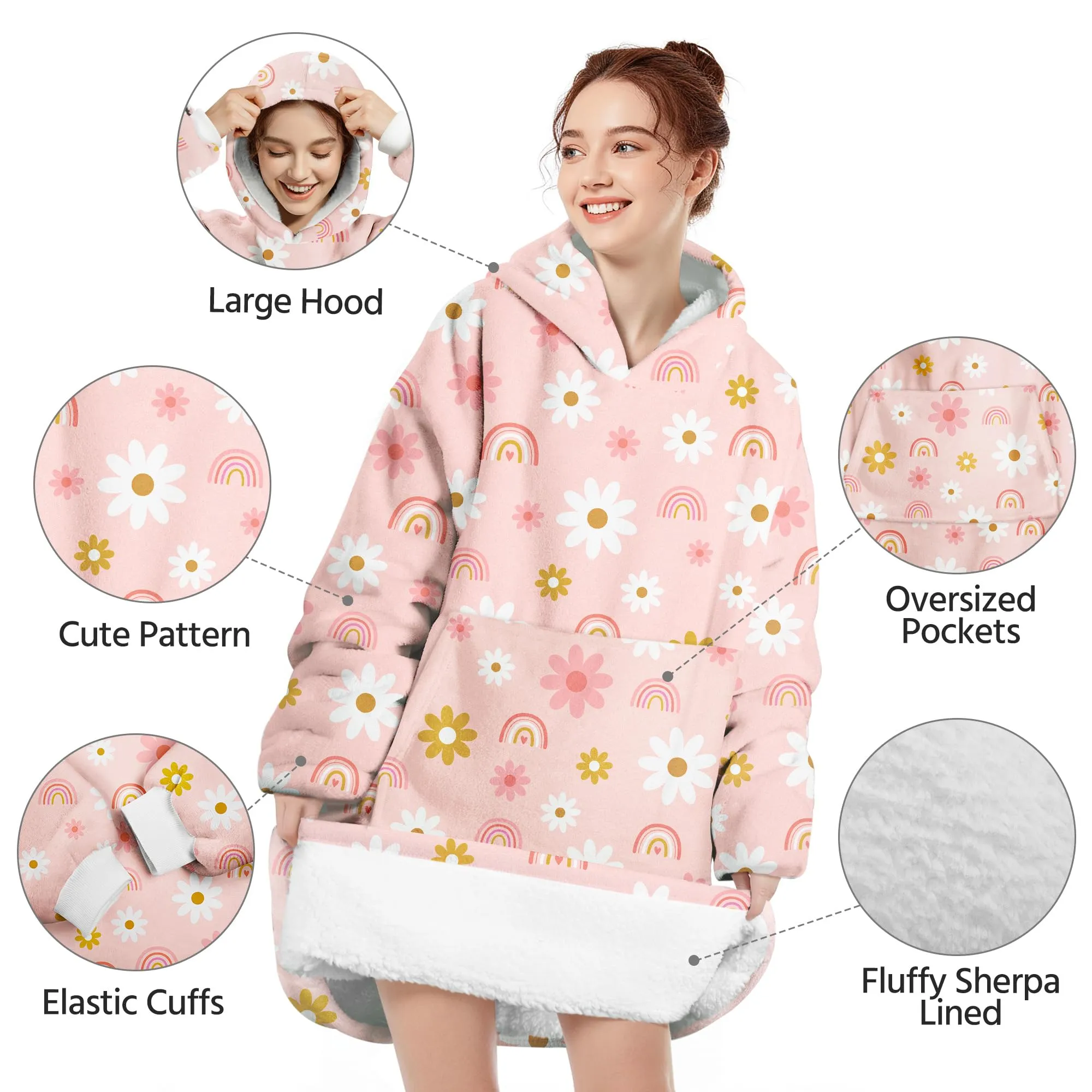 Queenshin Felpa Coperta con Cappuccio e Maniche Donna Rosa Fiore Oversize Hoodie - immagine 4