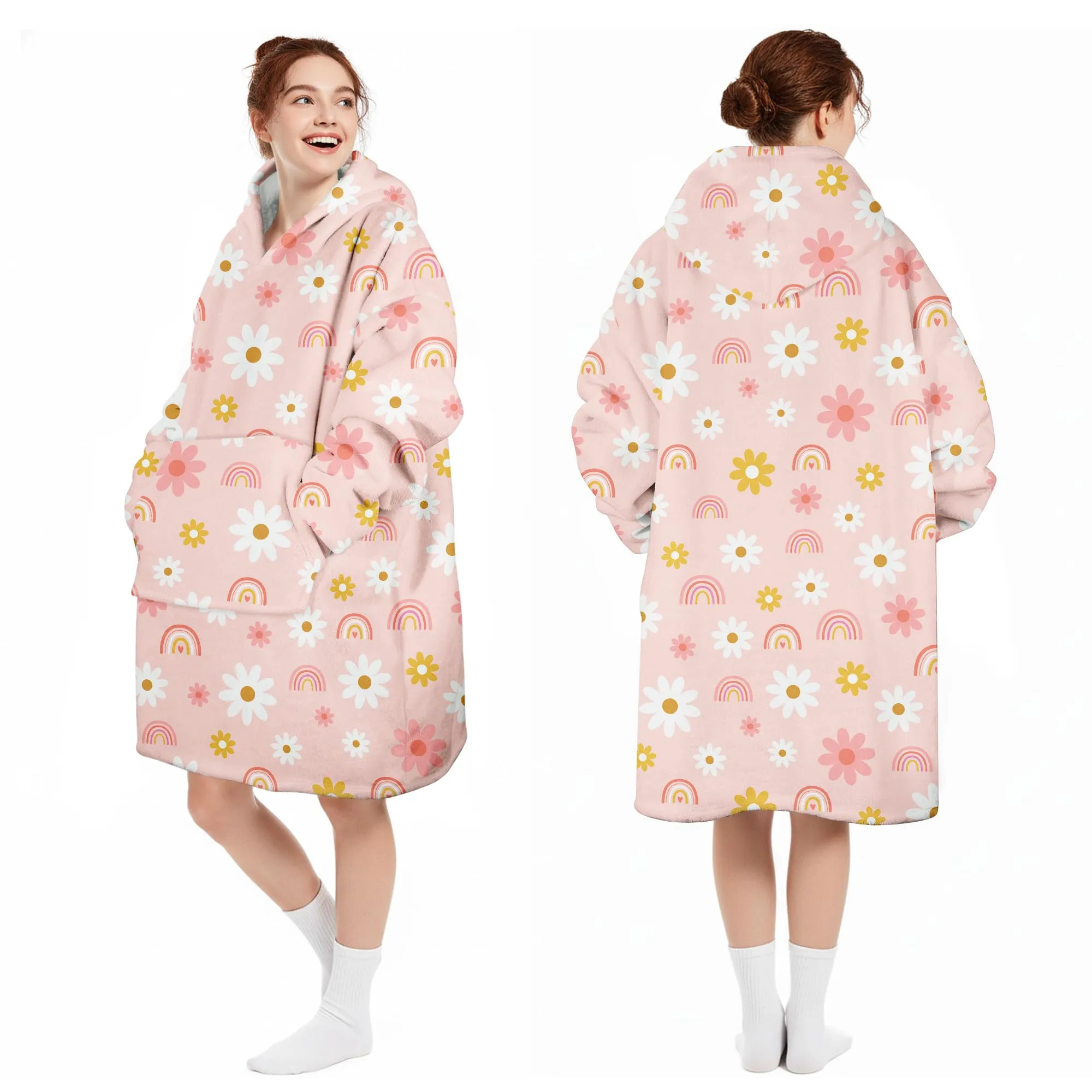 Queenshin Felpa Coperta con Cappuccio e Maniche Donna Rosa Fiore Oversize Hoodie - immagine 5