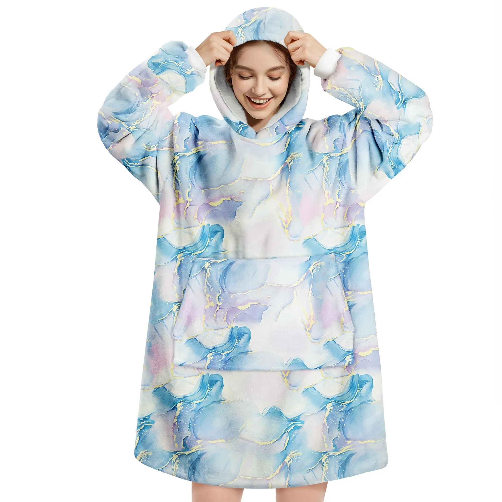Queenshin Felpa Coperta con Cappuccio e Maniche Oversize Blu Marmo - immagine 1
