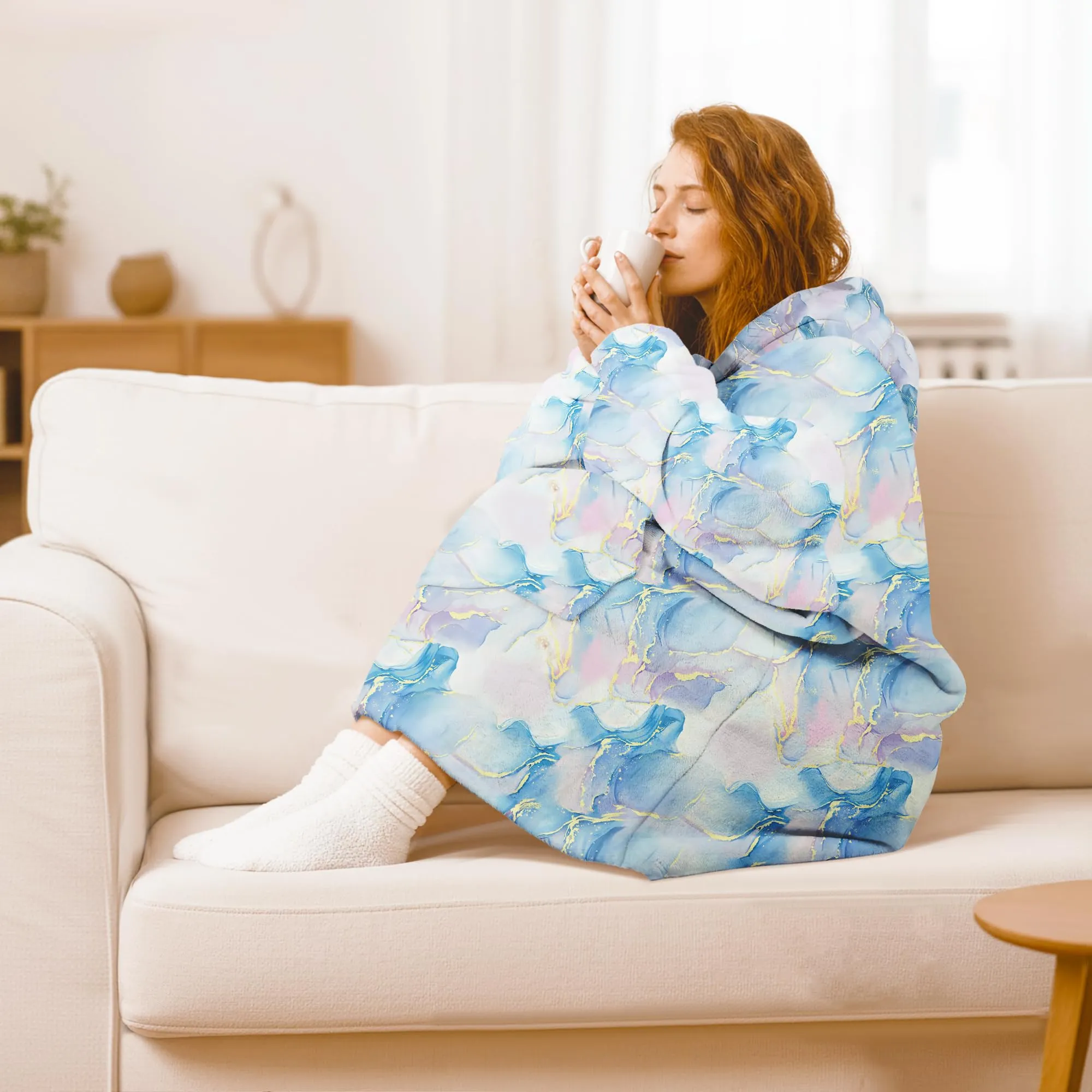 Queenshin Felpa Coperta con Cappuccio e Maniche Oversize Blu Marmo - immagine 2