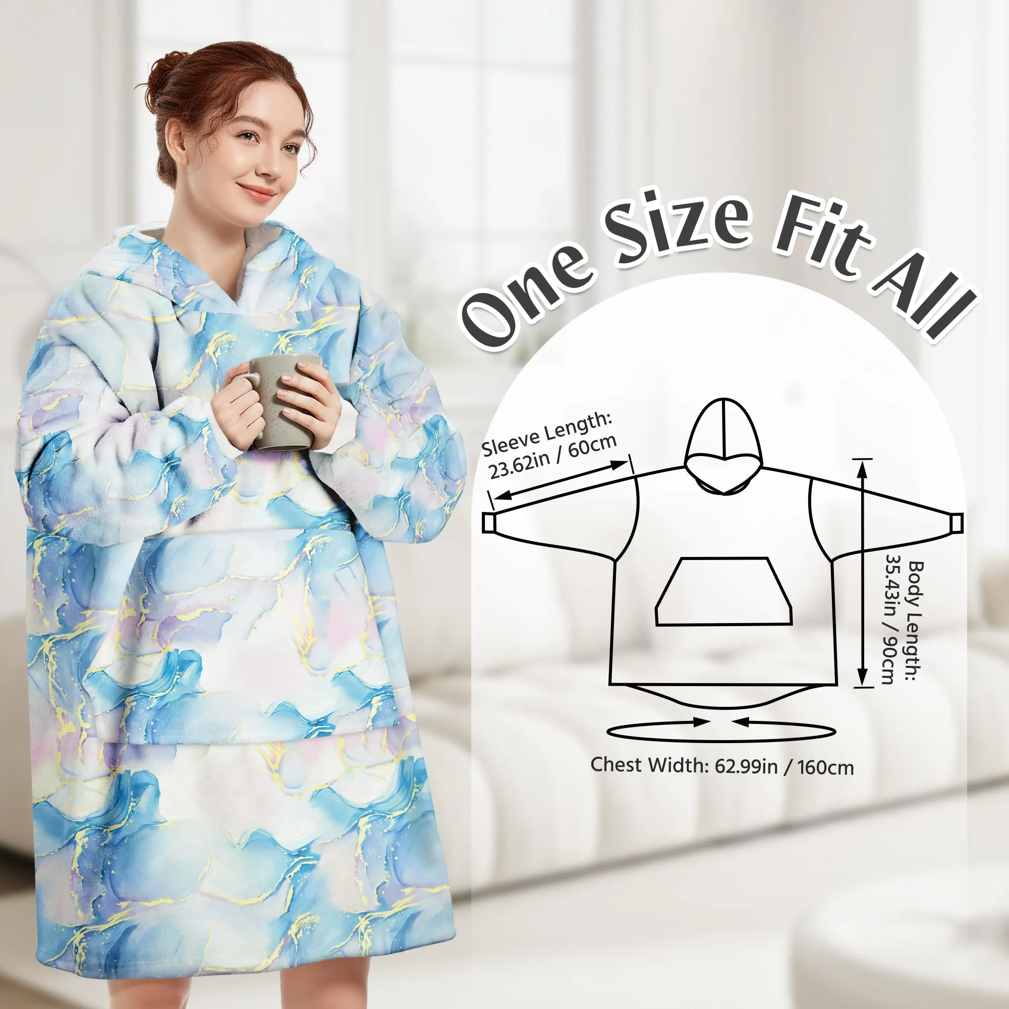 Queenshin Felpa Coperta con Cappuccio e Maniche Oversize Blu Marmo - immagine 3