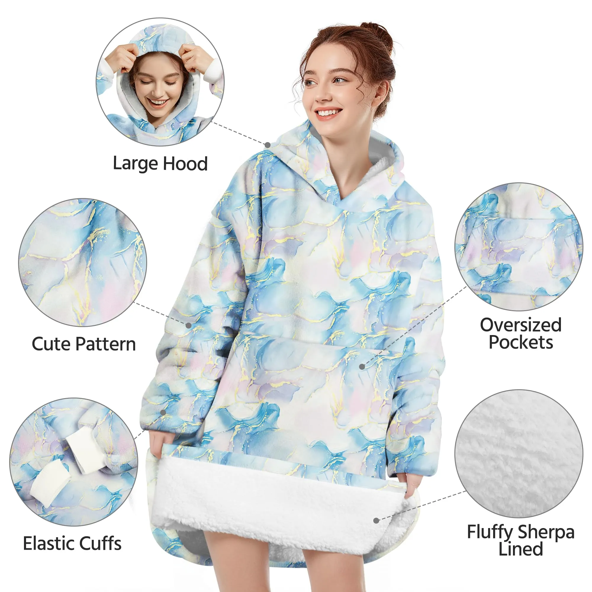 Queenshin Felpa Coperta con Cappuccio e Maniche Oversize Blu Marmo - immagine 4