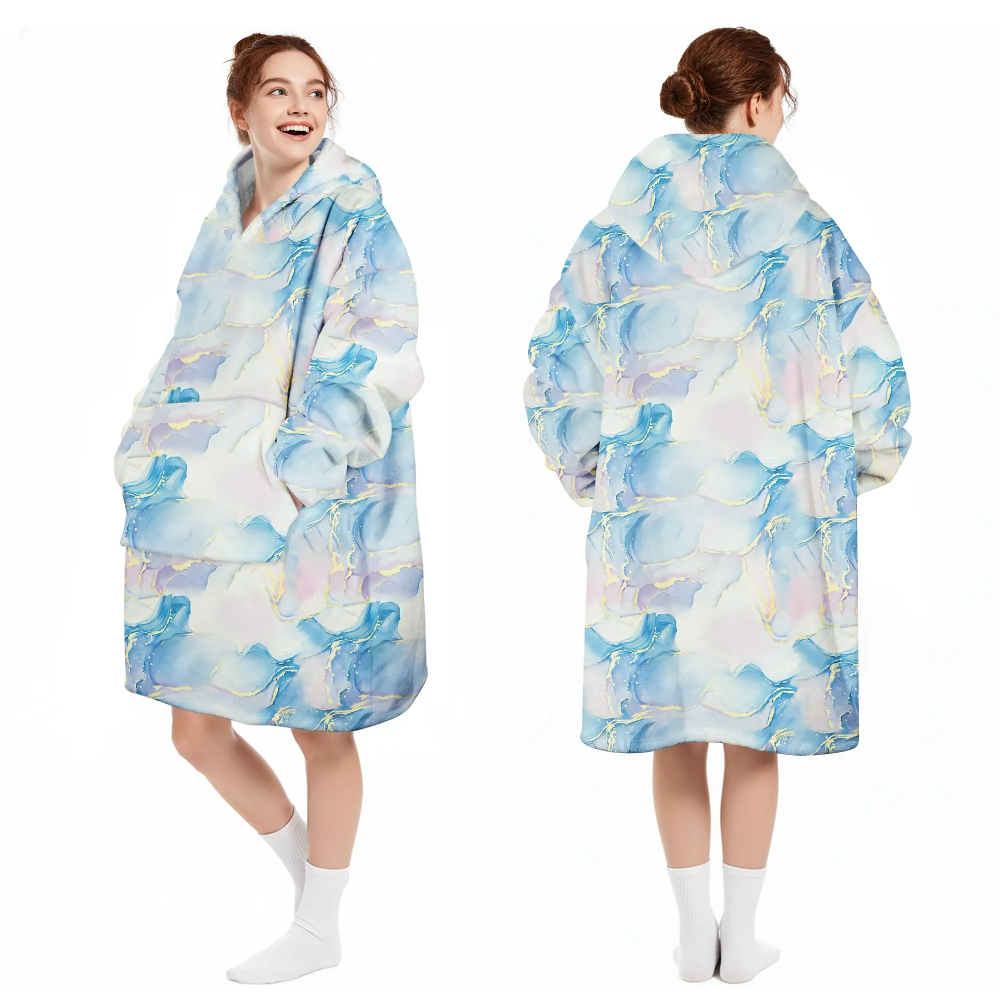 Queenshin Felpa Coperta con Cappuccio e Maniche Oversize Blu Marmo - immagine 5