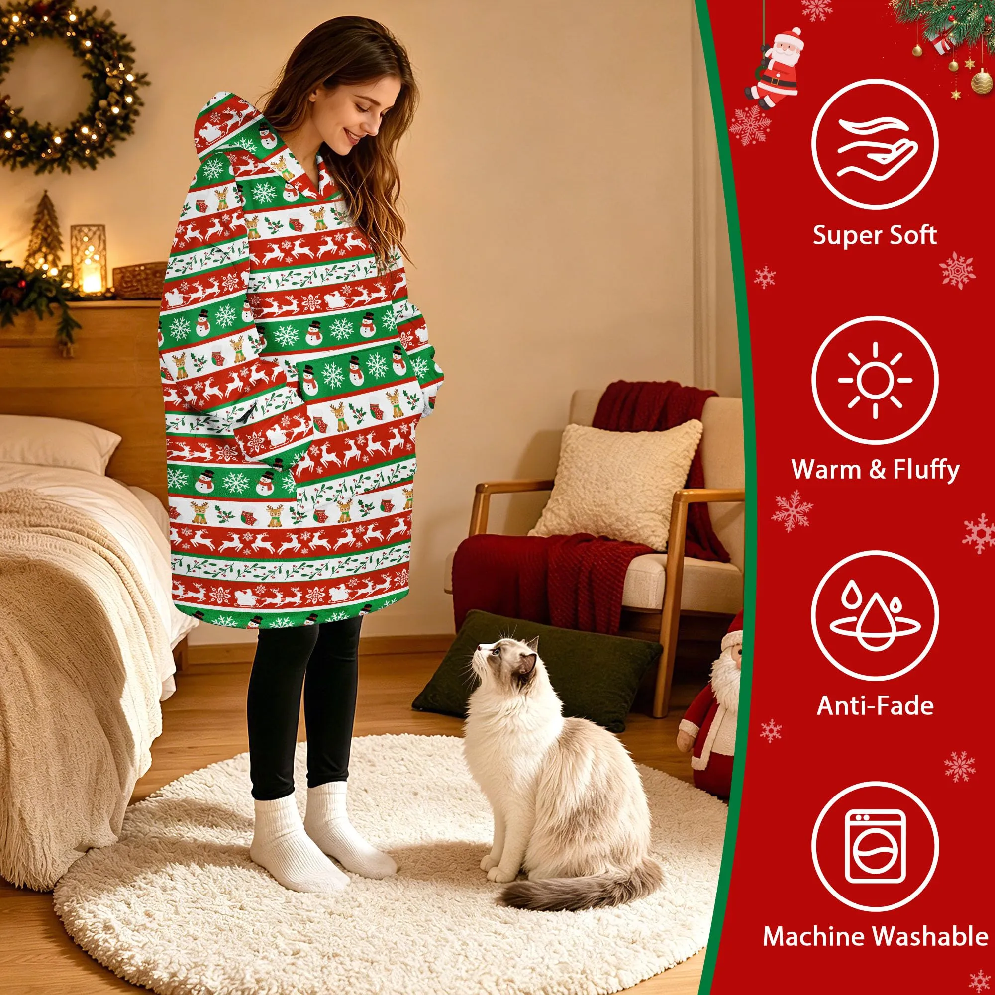 Queenshin Felpa Coperta con Cappuccio Oversize Renna Natale Unisex - immagine 2
