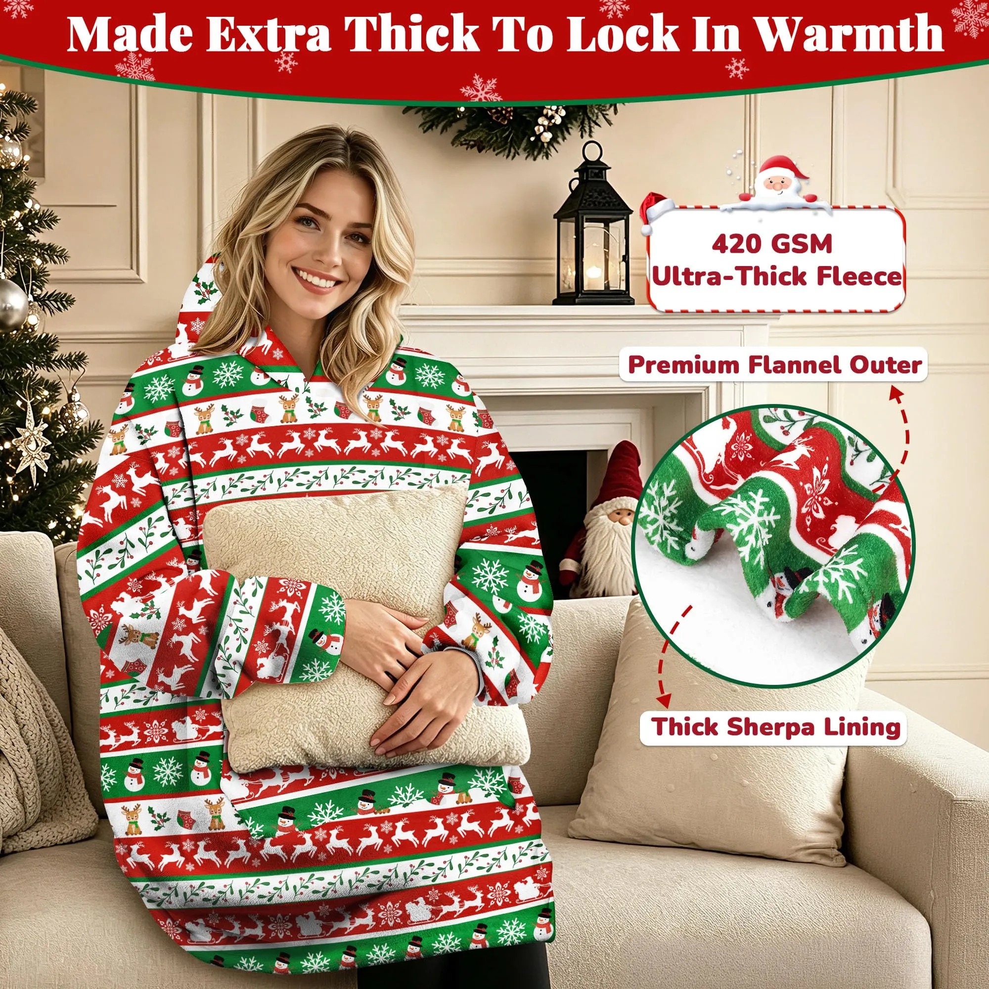 Queenshin Felpa Coperta con Cappuccio Oversize Renna Natale Unisex - immagine 3
