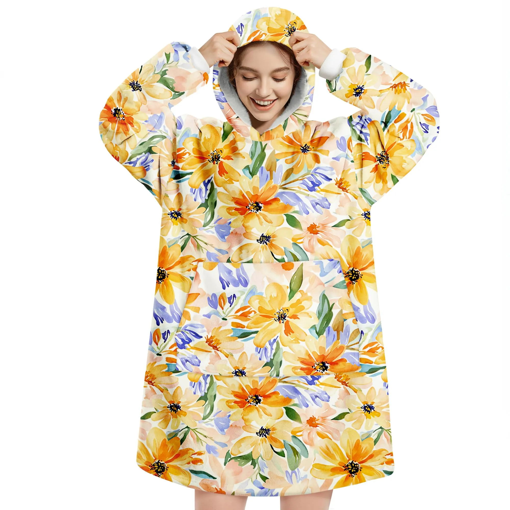 Queenshin Felpa Coperta con Cappuccio e Maniche Donna, Stampa Girasoli, Taglia Unica - immagine 1