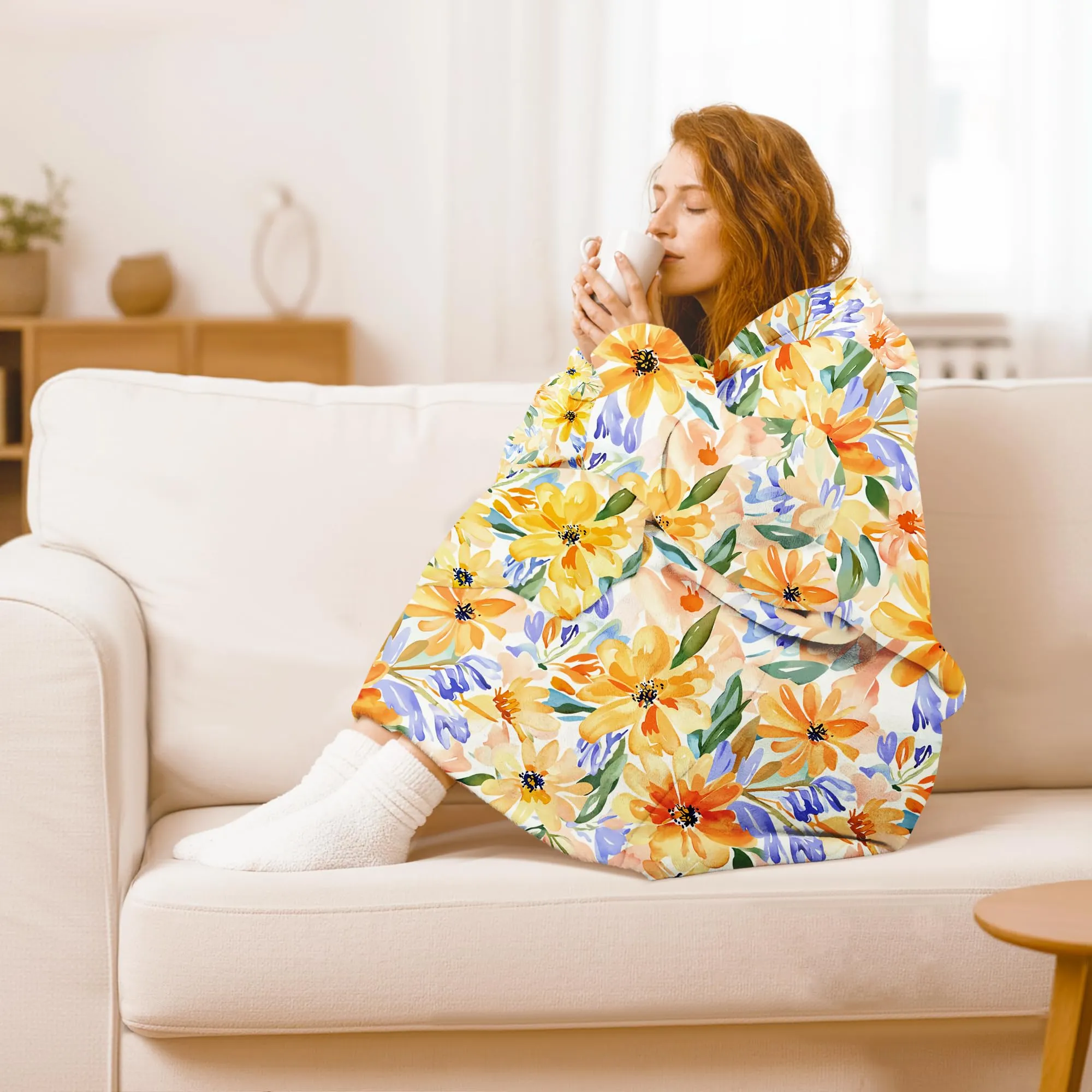 Queenshin Felpa Coperta con Cappuccio e Maniche Donna, Stampa Girasoli, Taglia Unica - immagine 2