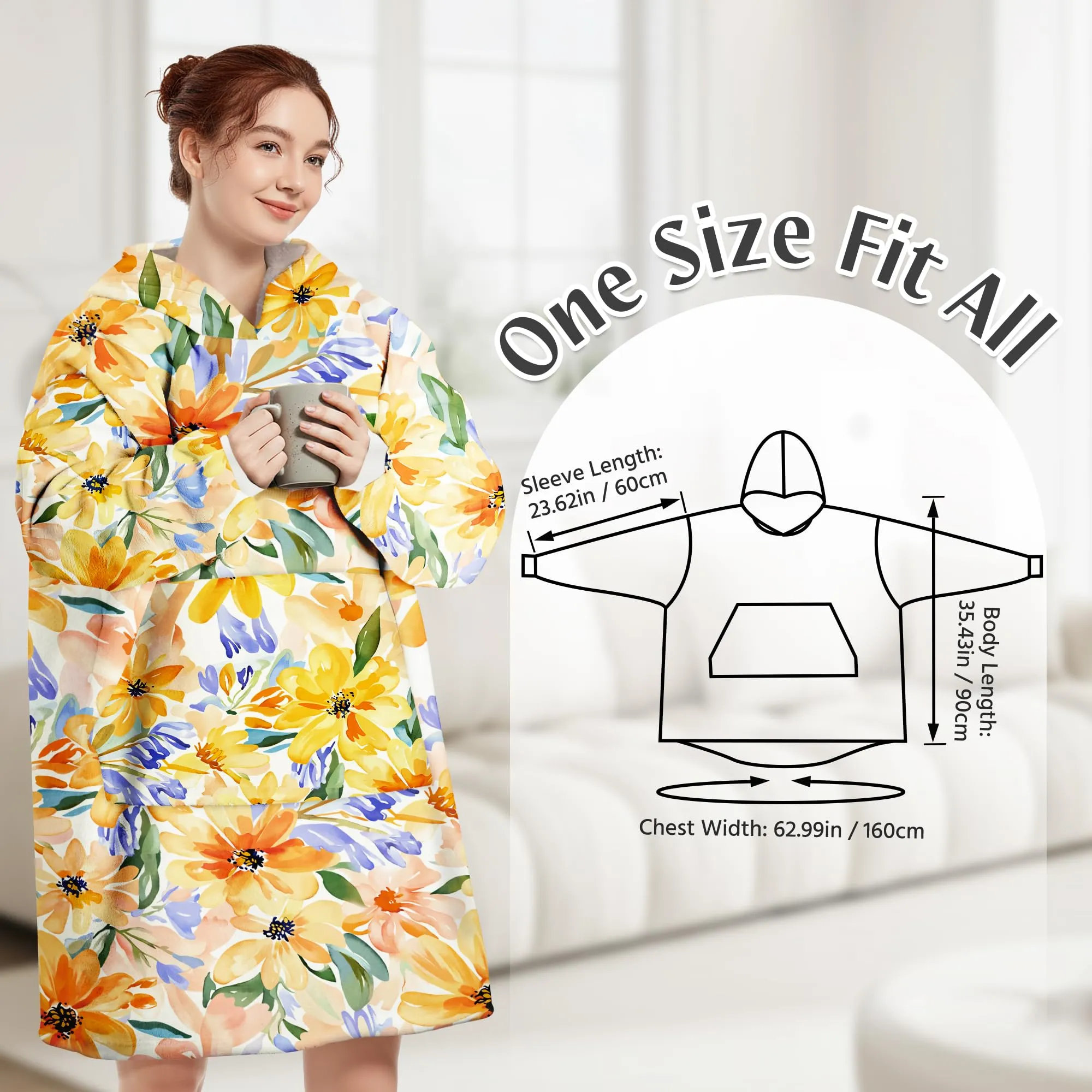 Queenshin Felpa Coperta con Cappuccio e Maniche Donna, Stampa Girasoli, Taglia Unica - immagine 3