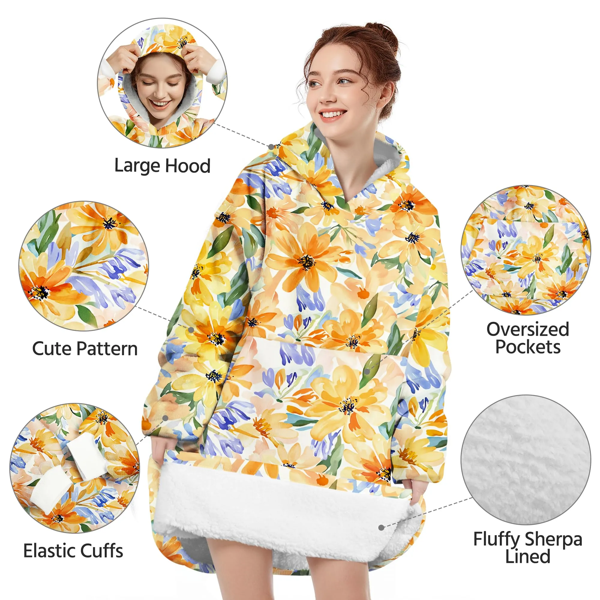 Queenshin Felpa Coperta con Cappuccio e Maniche Donna, Stampa Girasoli, Taglia Unica - immagine 4