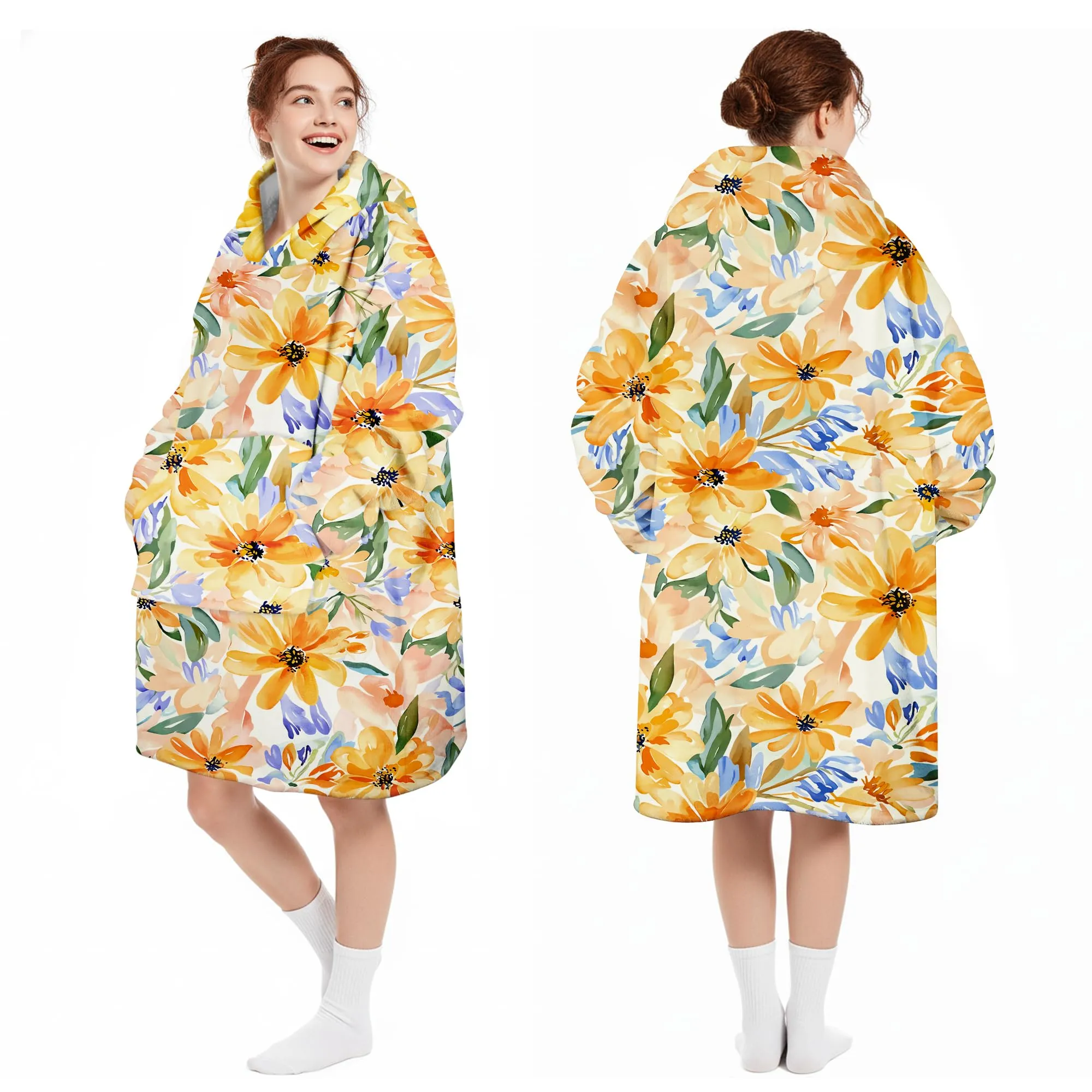 Queenshin Felpa Coperta con Cappuccio e Maniche Donna, Stampa Girasoli, Taglia Unica - immagine 5