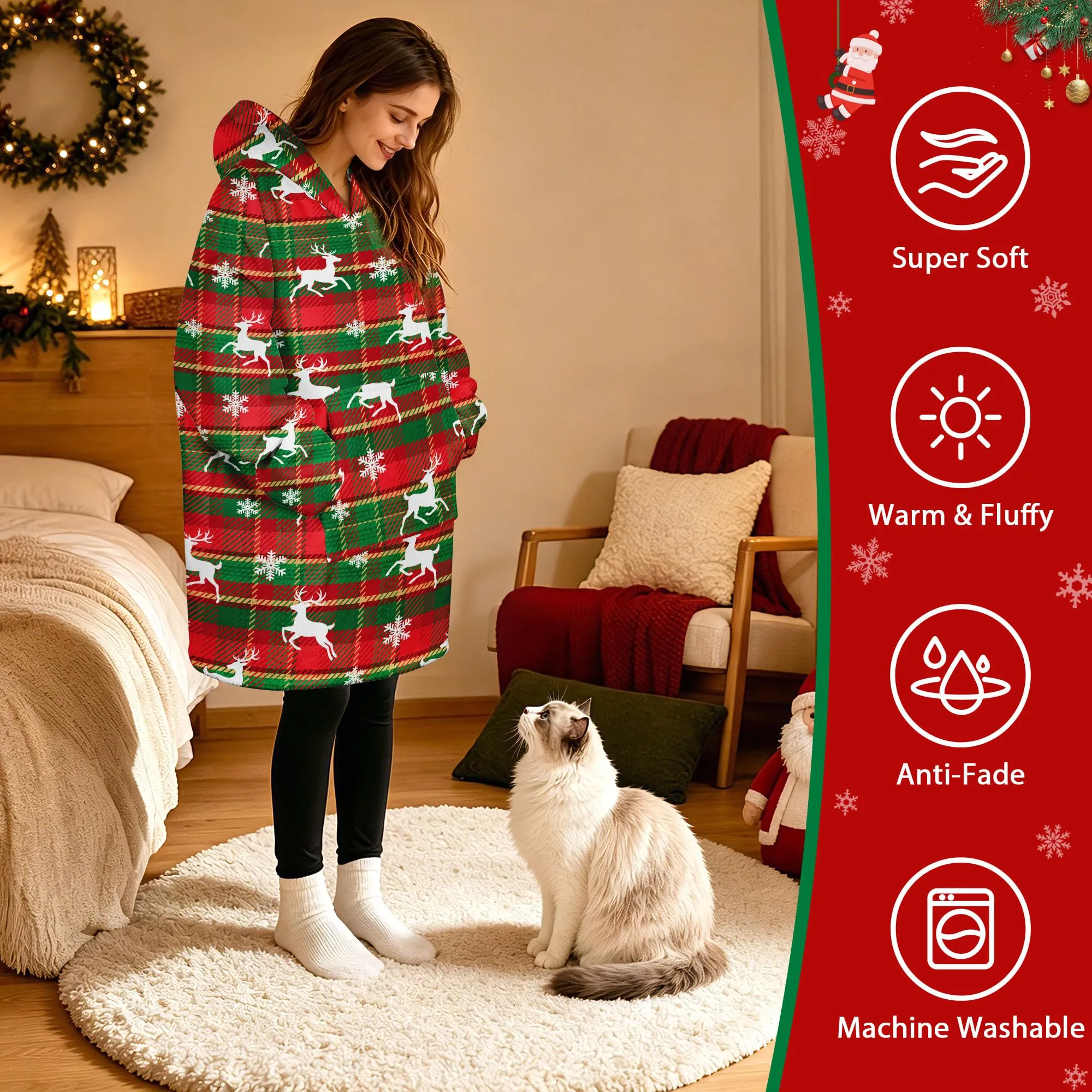 Queenshin Felpa Coperta con Cappuccio Oversize Renna Natale Scozzese Taglia Unica - immagine 2