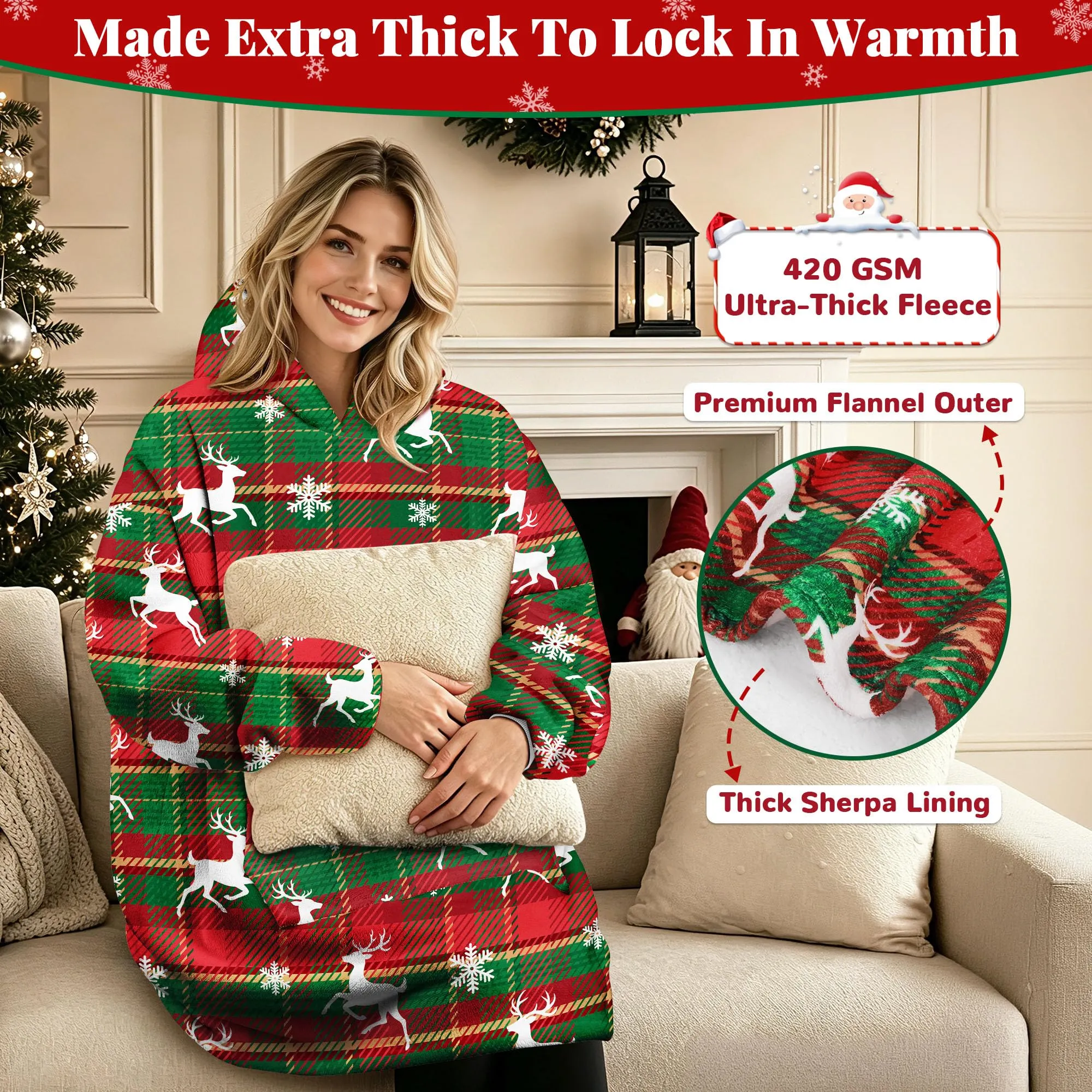 Queenshin Felpa Coperta con Cappuccio Oversize Renna Natale Scozzese Taglia Unica - immagine 3