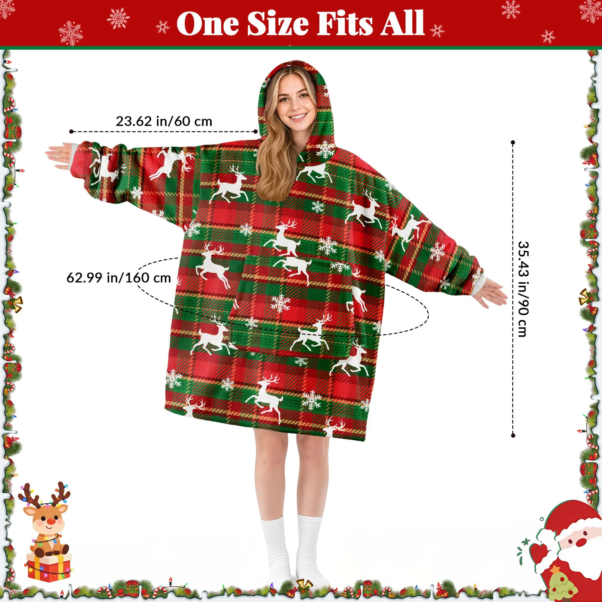 Queenshin Felpa Coperta con Cappuccio Oversize Renna Natale Scozzese Taglia Unica - immagine 4