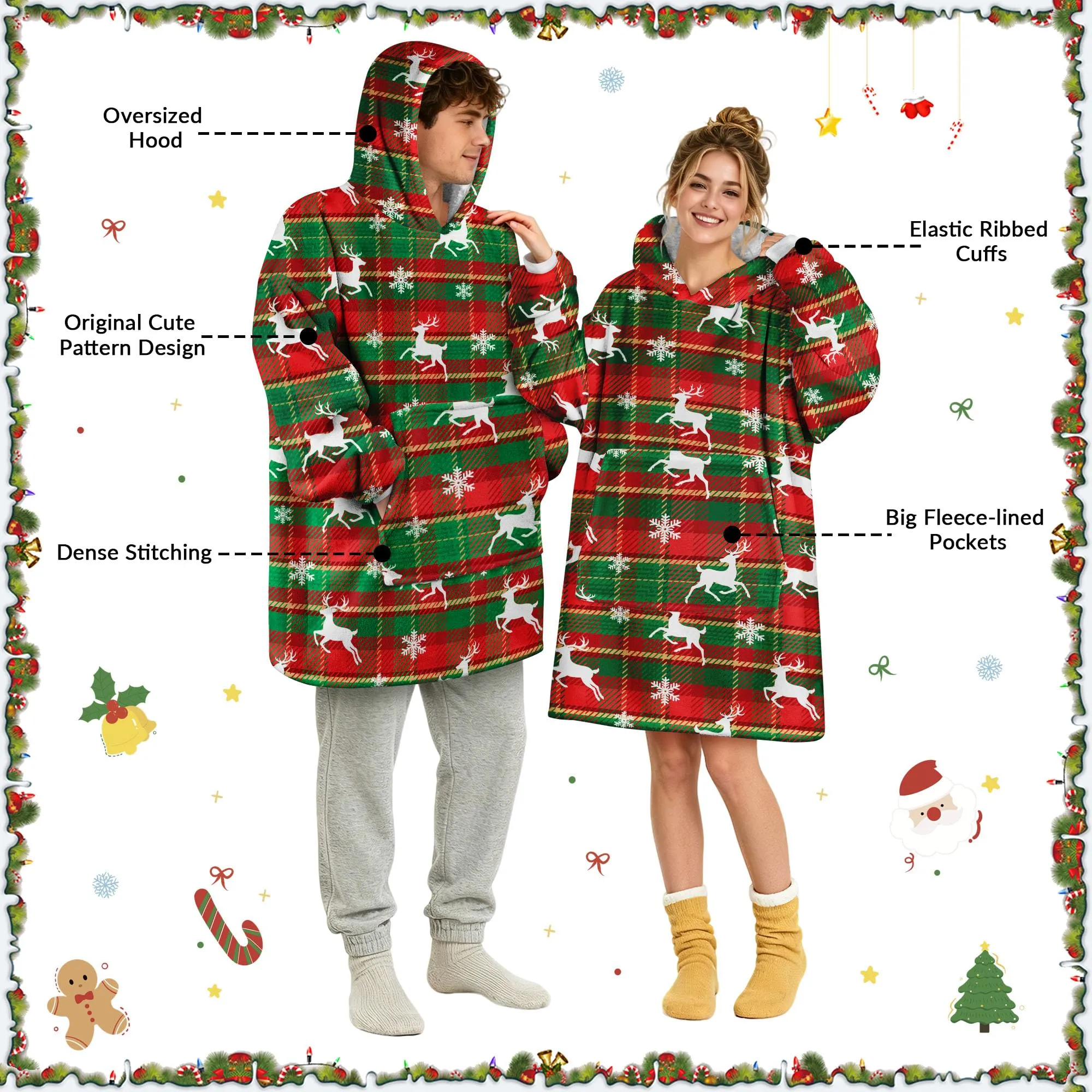 Queenshin Felpa Coperta con Cappuccio Oversize Renna Natale Scozzese Taglia Unica - immagine 5