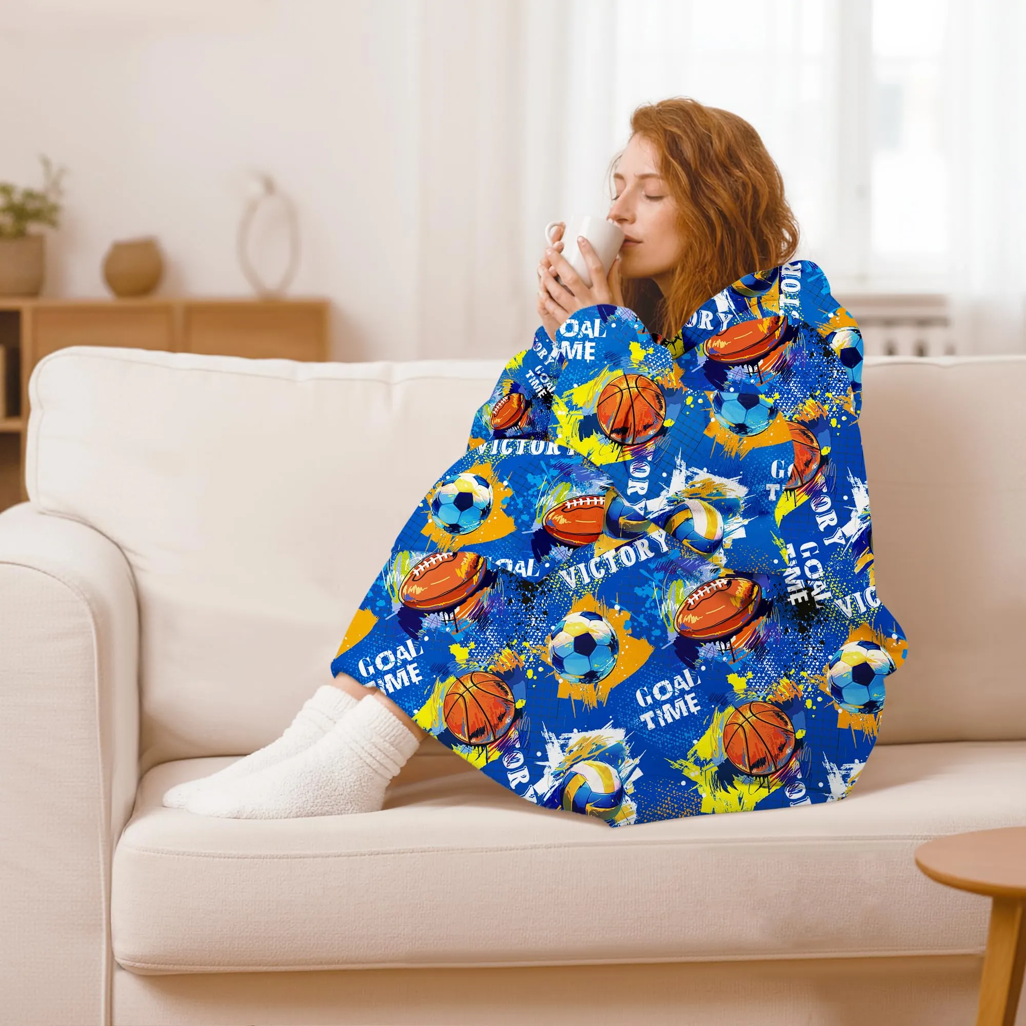 Queenshin Felpa Coperta con Cappuccio e Maniche Uomo Calcio Blu Oversize Hoodie QS-MT0039 - immagine 2