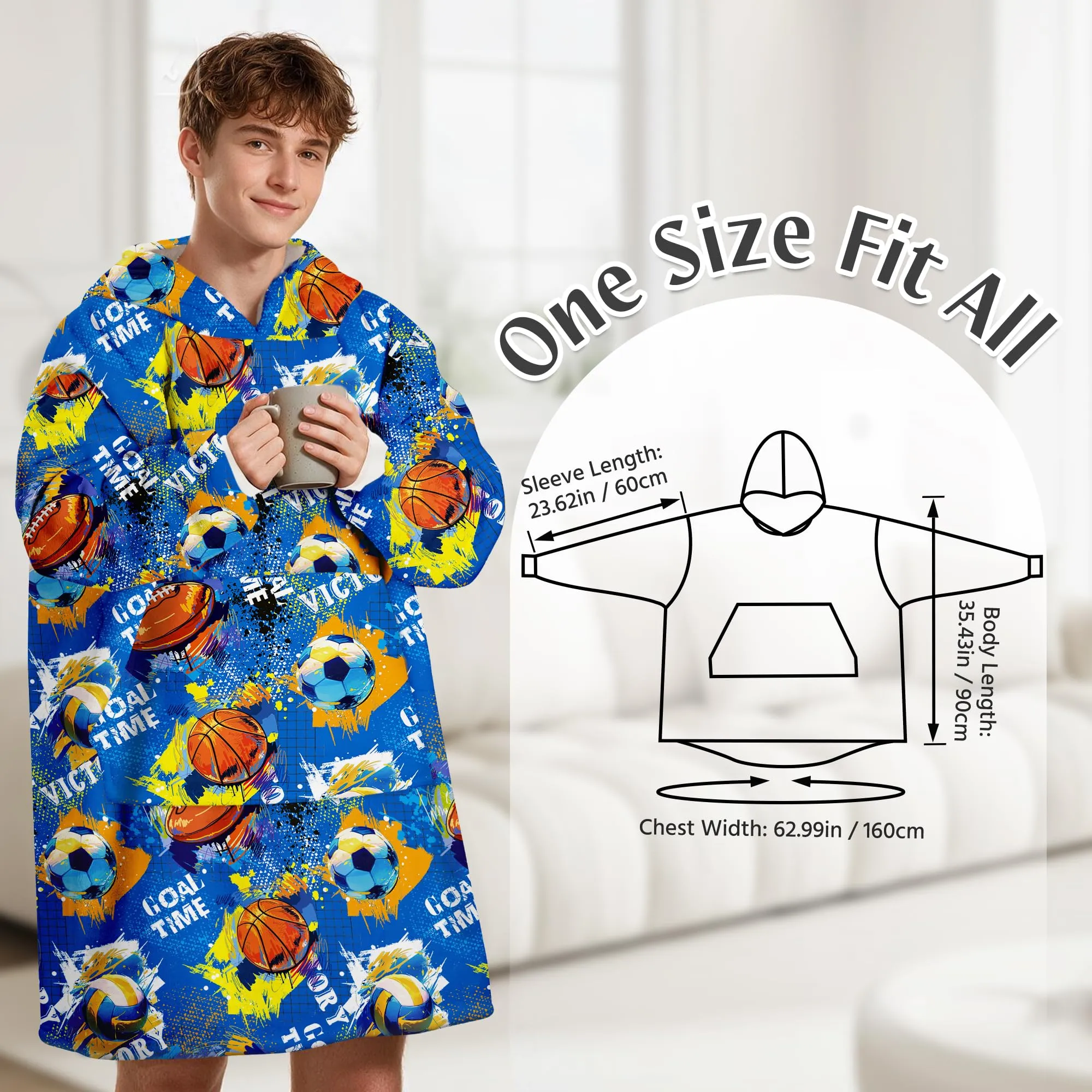 Queenshin Felpa Coperta con Cappuccio e Maniche Uomo Calcio Blu Oversize Hoodie QS-MT0039 - immagine 3