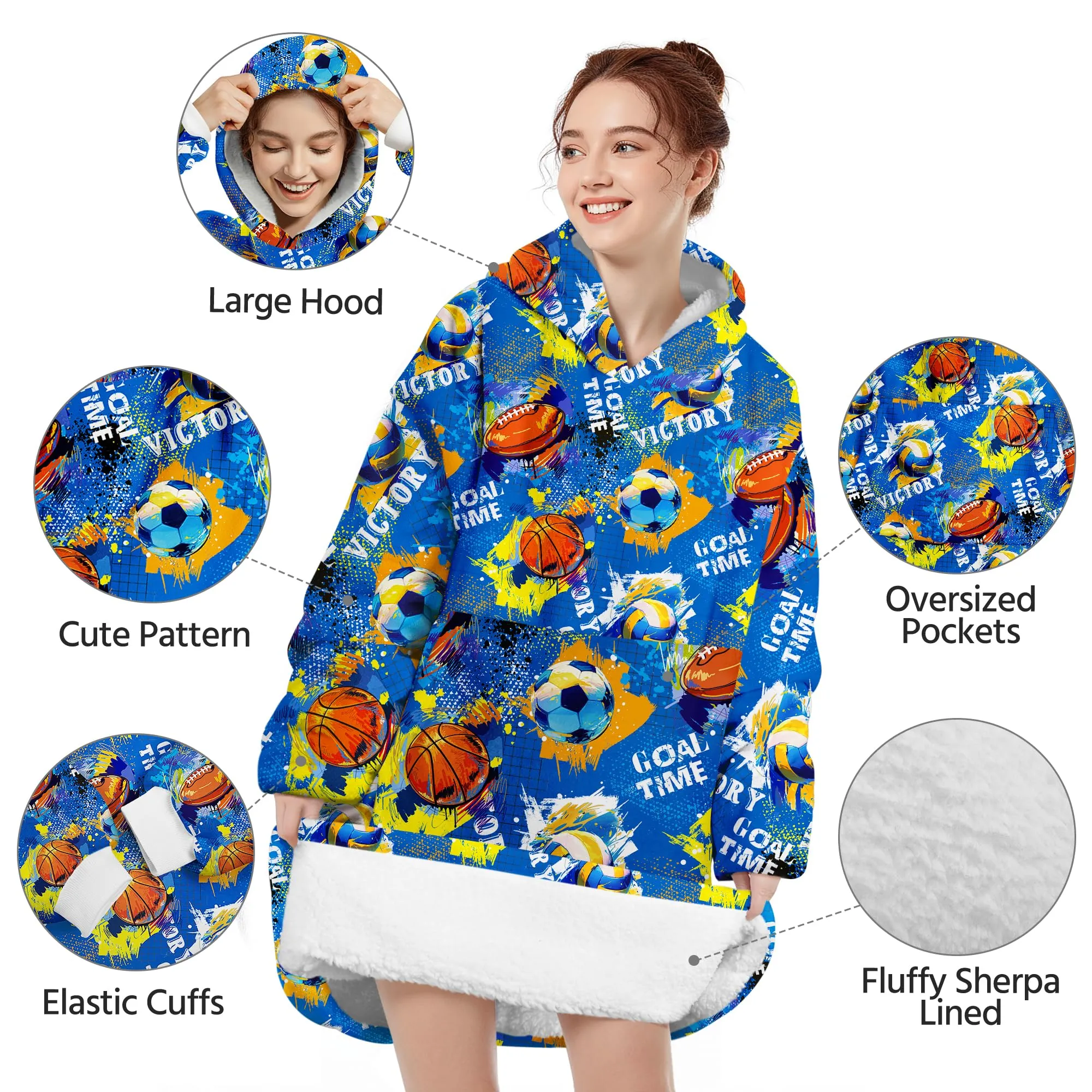 Queenshin Felpa Coperta con Cappuccio e Maniche Uomo Calcio Blu Oversize Hoodie QS-MT0039 - immagine 4