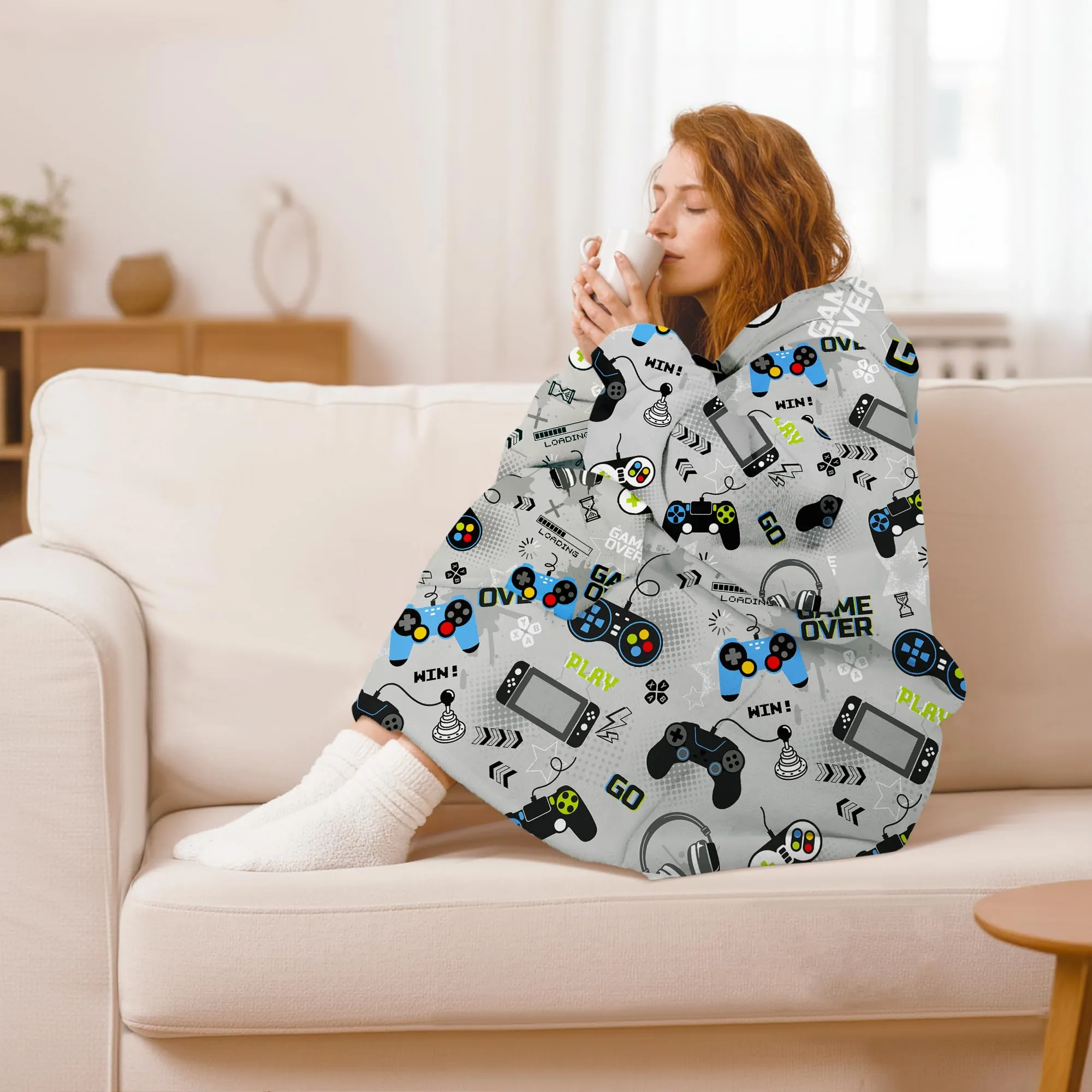 Queenshin Felpa Coperta con Cappuccio e Maniche Oversize Grigio Gioco QS-MT0030 - immagine 2