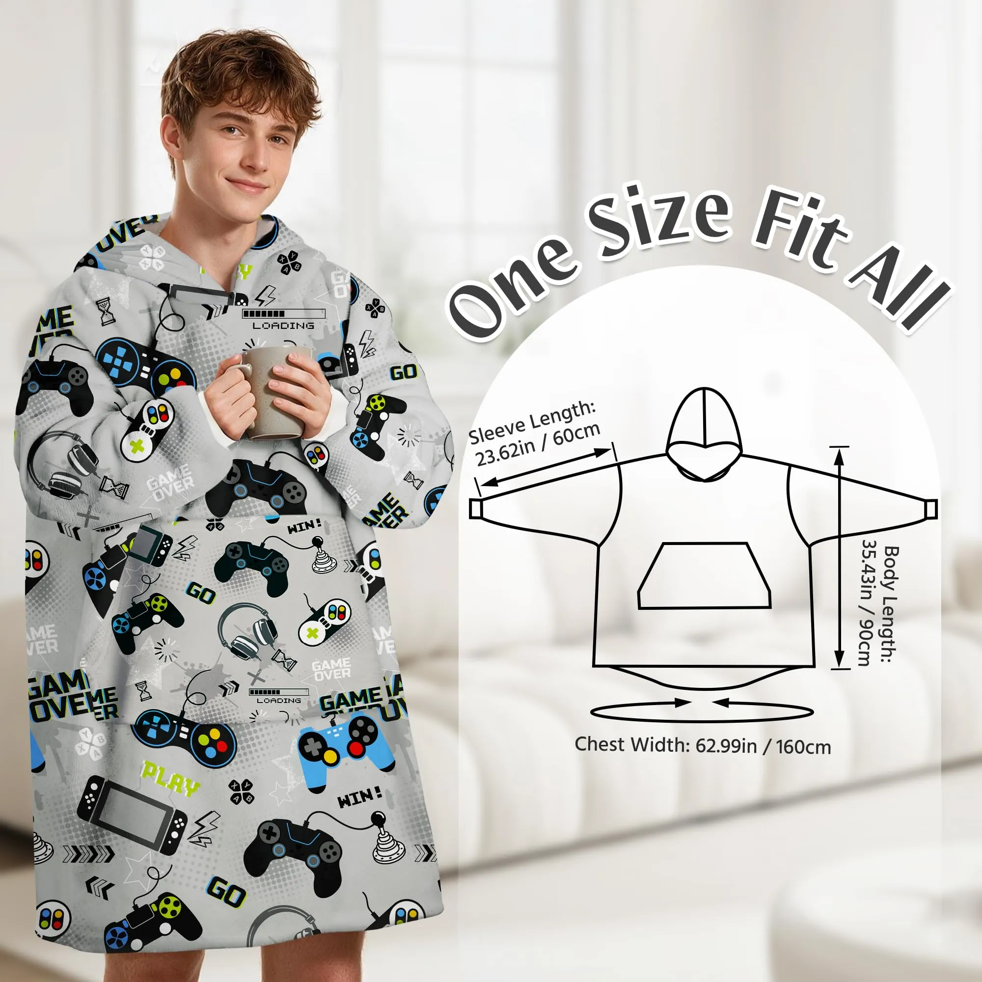 Queenshin Felpa Coperta con Cappuccio e Maniche Oversize Grigio Gioco QS-MT0030 - immagine 3
