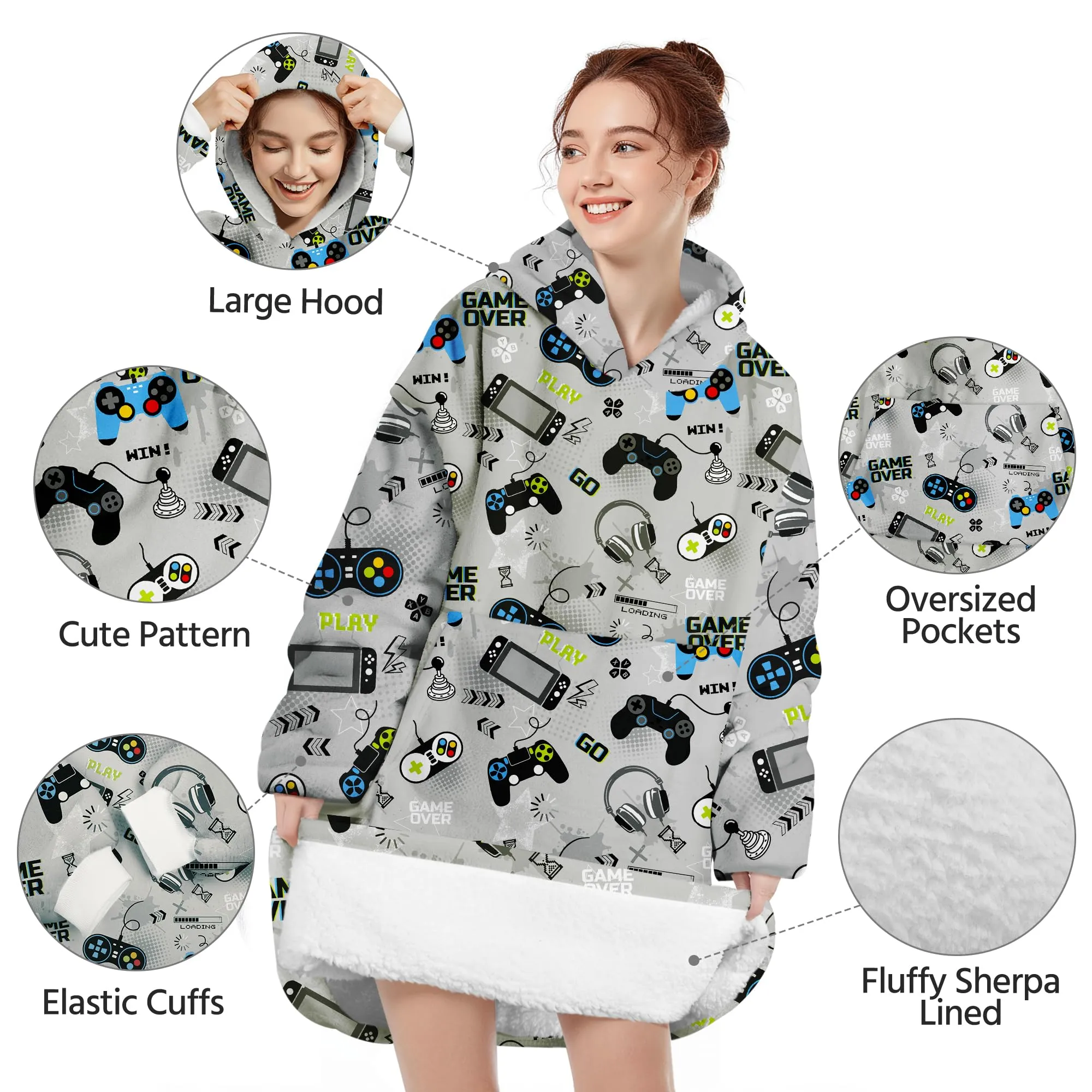 Queenshin Felpa Coperta con Cappuccio e Maniche Oversize Grigio Gioco QS-MT0030 - immagine 4