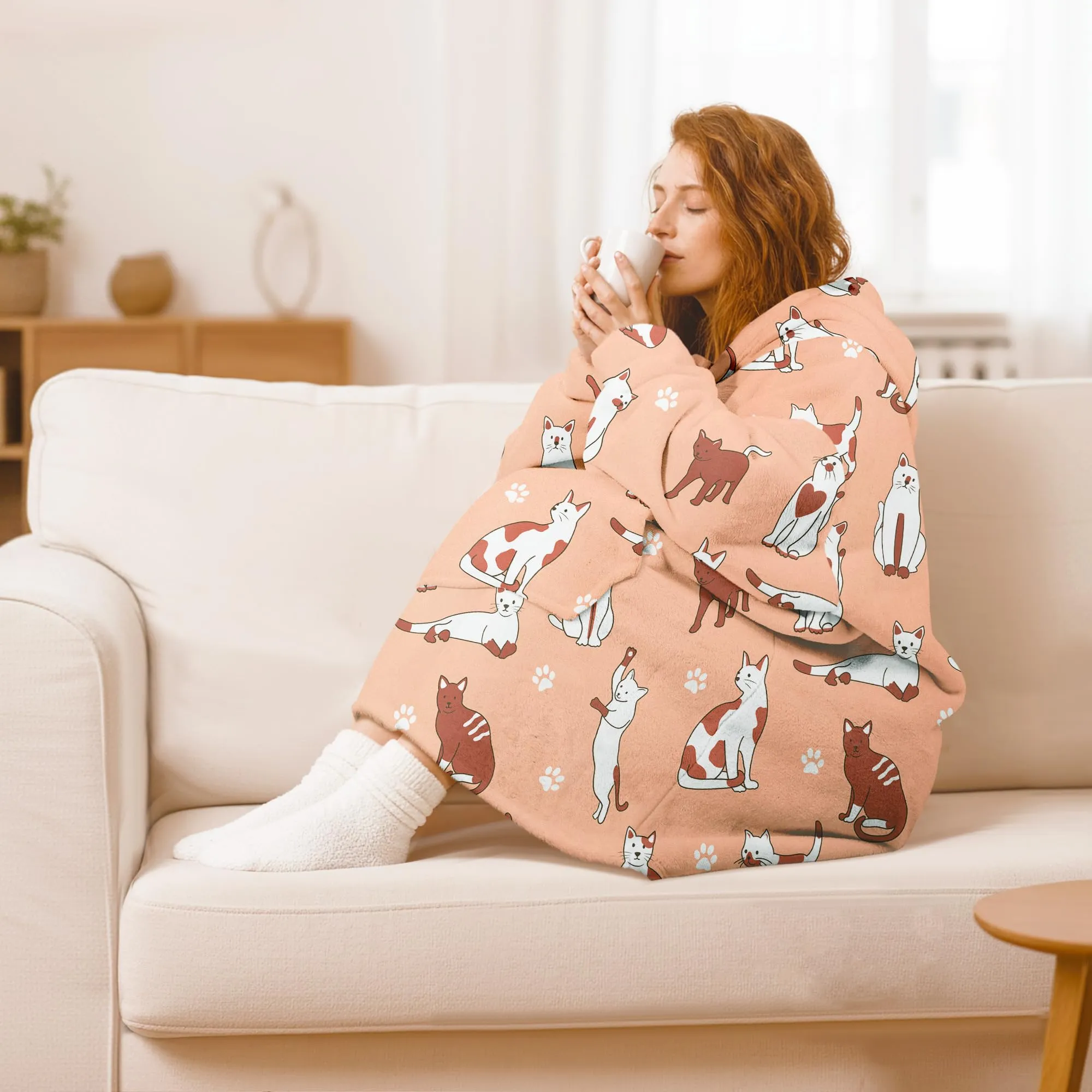 Queenshin Felpa Coperta con Cappuccio e Maniche Donna Gatto Marrone Oversize Hoodie - immagine 2