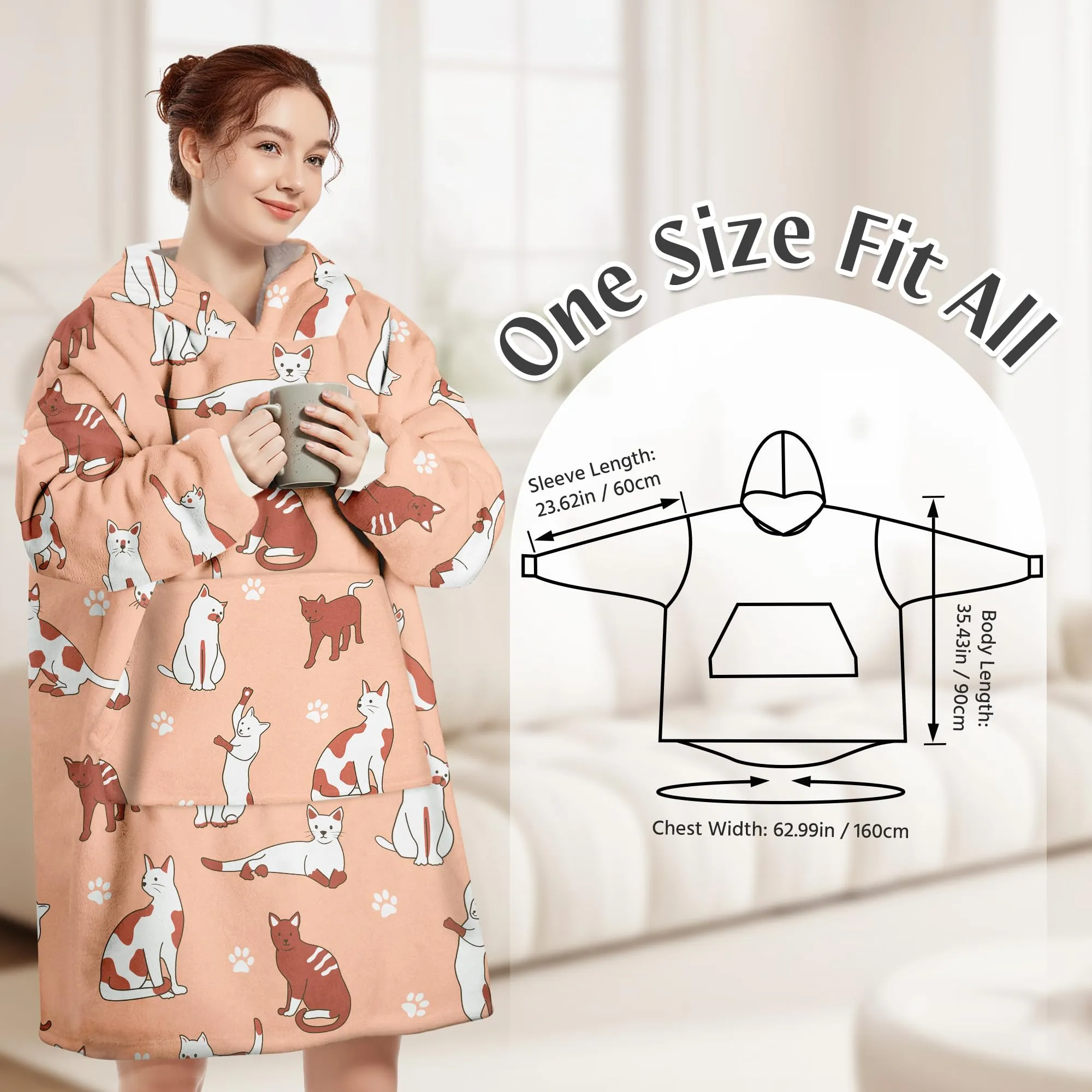 Queenshin Felpa Coperta con Cappuccio e Maniche Donna Gatto Marrone Oversize Hoodie - immagine 3