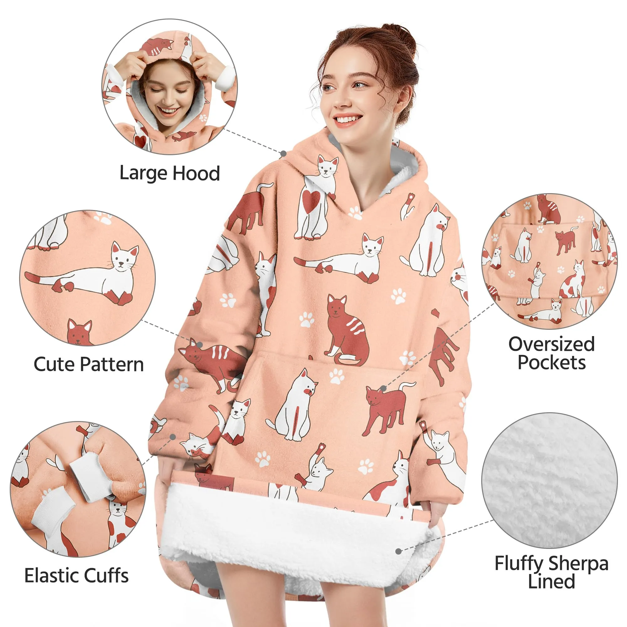 Queenshin Felpa Coperta con Cappuccio e Maniche Donna Gatto Marrone Oversize Hoodie - immagine 4