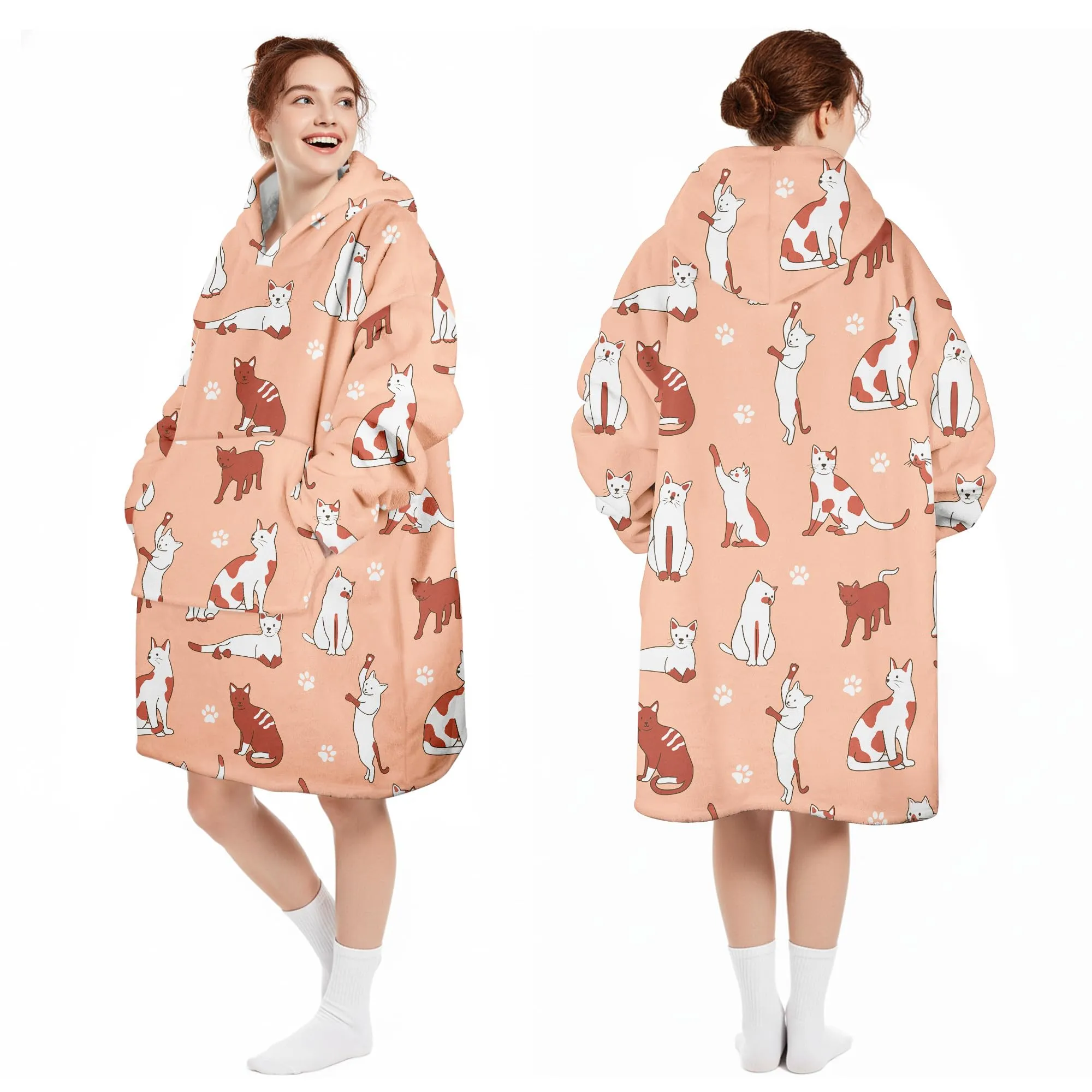 Queenshin Felpa Coperta con Cappuccio e Maniche Donna Gatto Marrone Oversize Hoodie - immagine 5